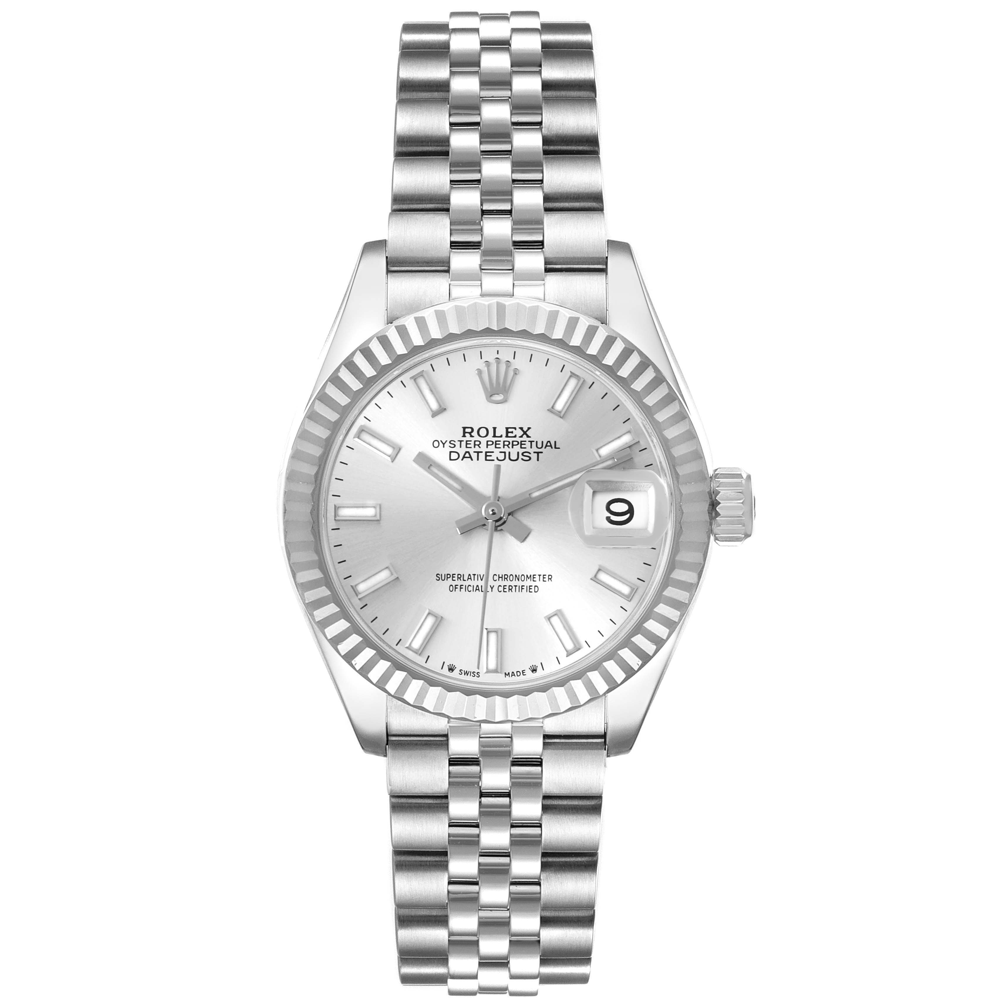 The Rolex Datejust 279174 Women's Stainless Steel Silver Dial 279174 Women's Stainless Steel Silver Dial watch is shown from a front view, displaying the face, bezel, bracelet, and date function.