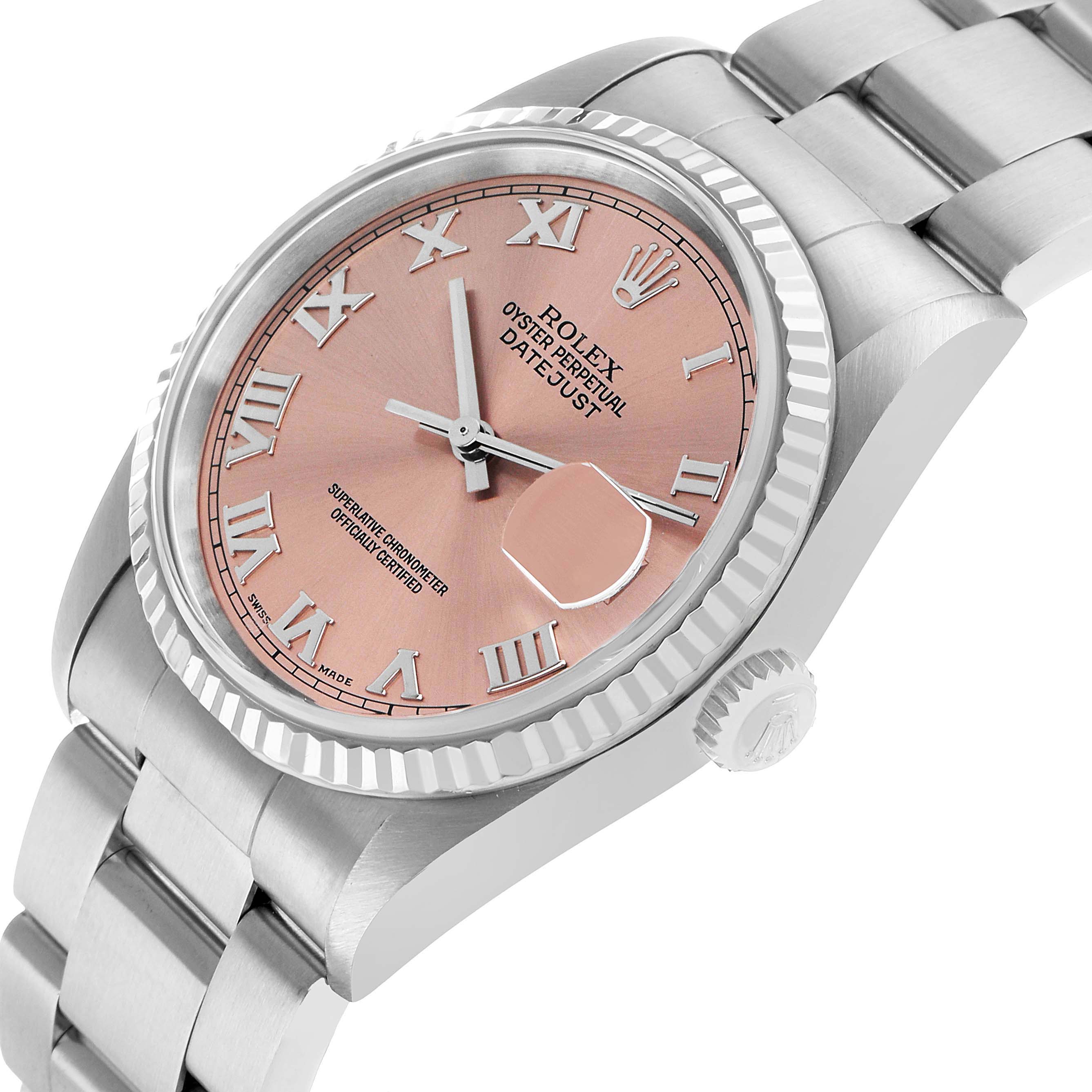The Rolex Datejust 16234 Men's Stainless Steel Pink Dial watch is shown at an angled side view, highlighting its pink dial, Roman numerals, bezel, and bracelet.