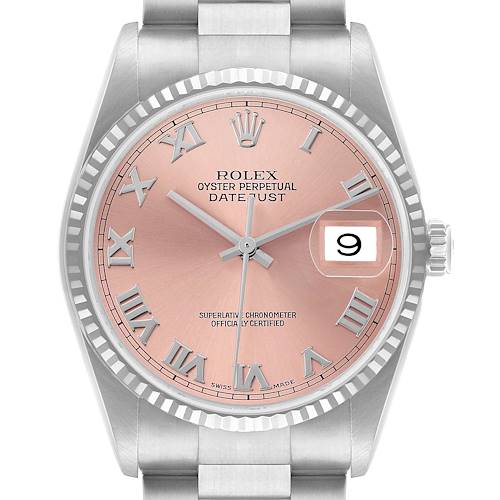 The Rolex Datejust 16234 Men's Stainless Steel Pink Dial watch is shown from the front, highlighting its pink dial, fluted bezel, and date window with a cyclops lens.