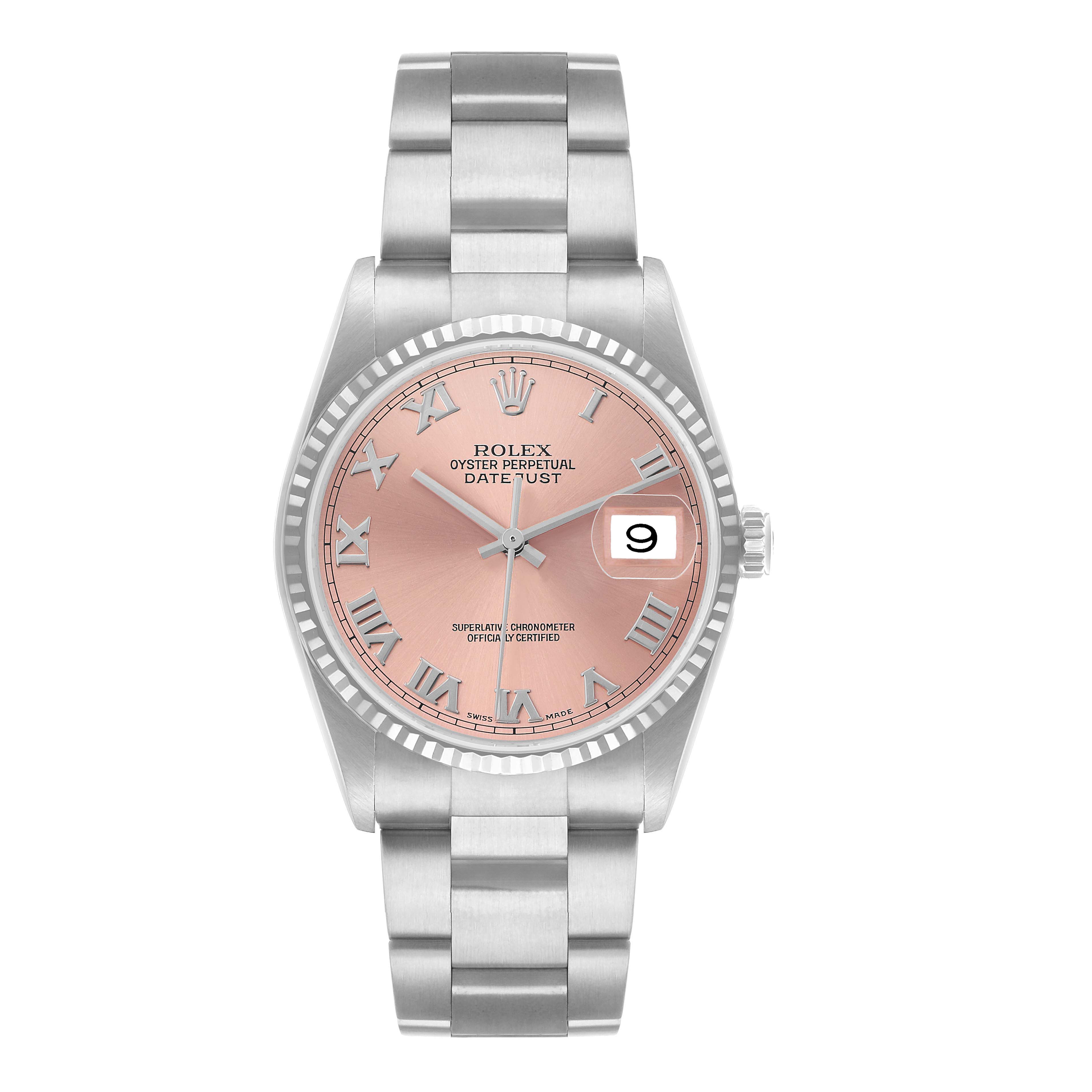 The Rolex Datejust 16234 Men's Stainless Steel Pink Dial watch is shown in a front view, displaying its pink dial, Roman numerals, and bracelet.
