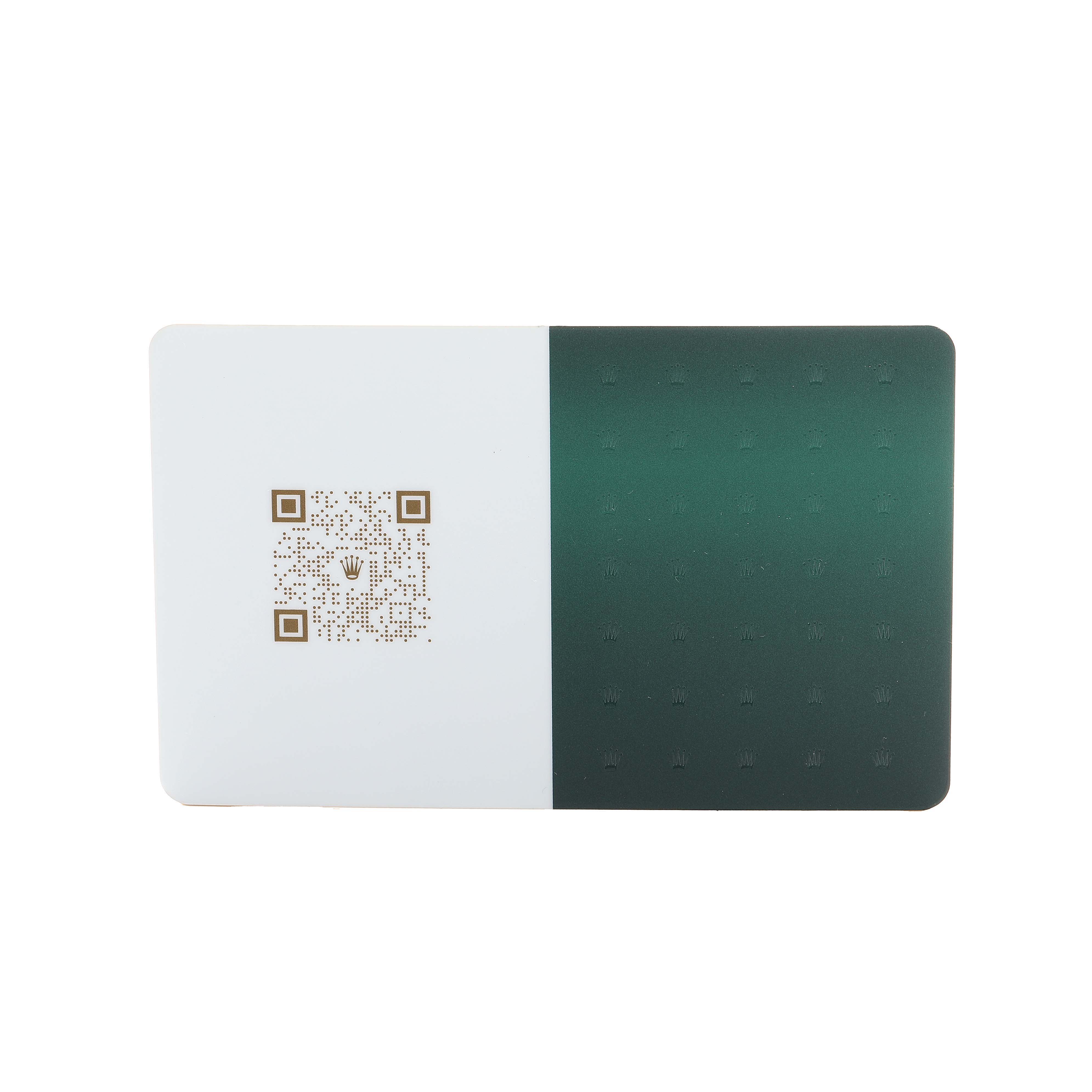 The image shows a green and white Rolex Datejust 16234 Men's Stainless Steel Pink Dial card accessory with a QR code and branding elements.