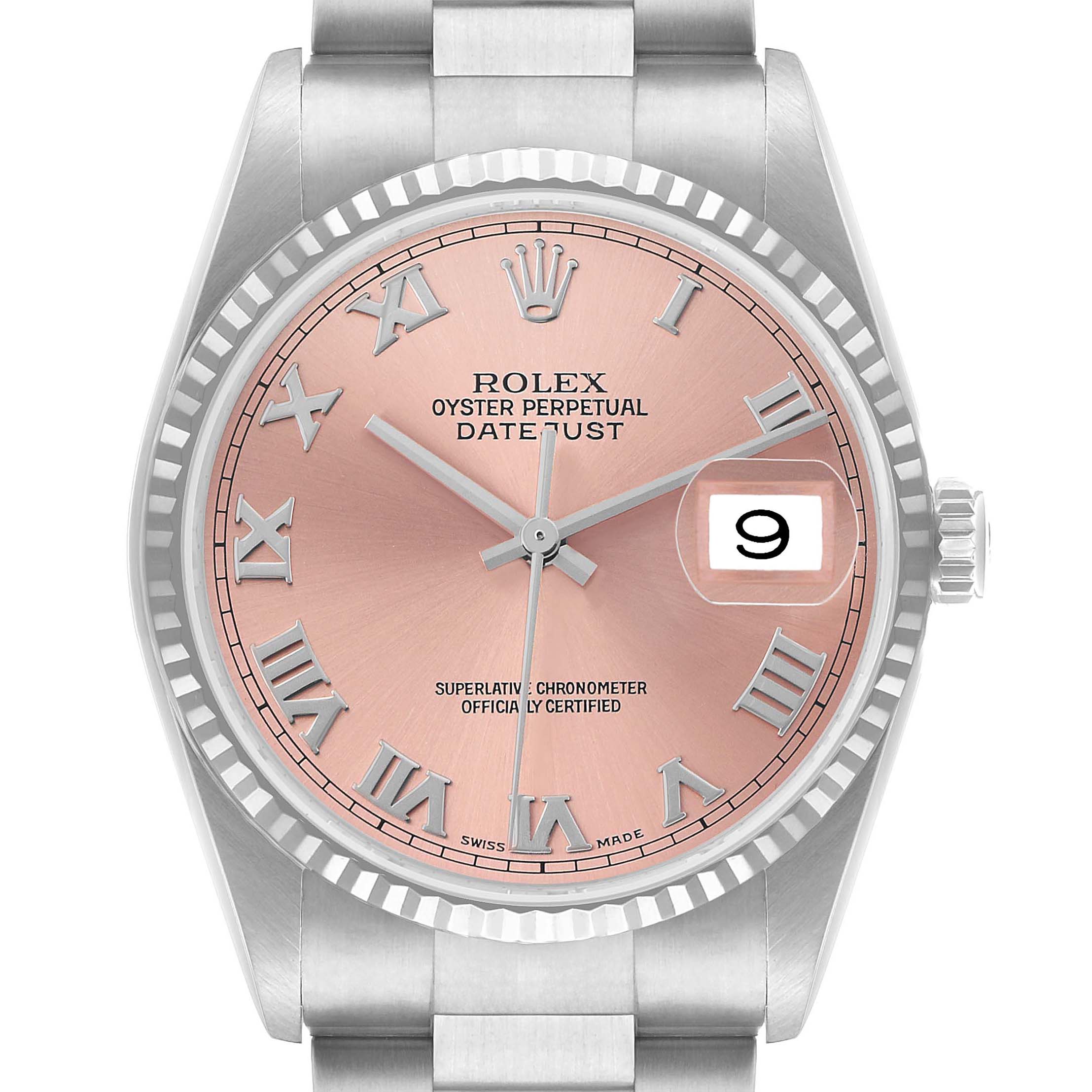 The image shows a Rolex Datejust 16234 Men's Stainless Steel Pink Dial watch from a front angle, highlighting the pink dial, Roman numerals, date window, and fluted bezel.