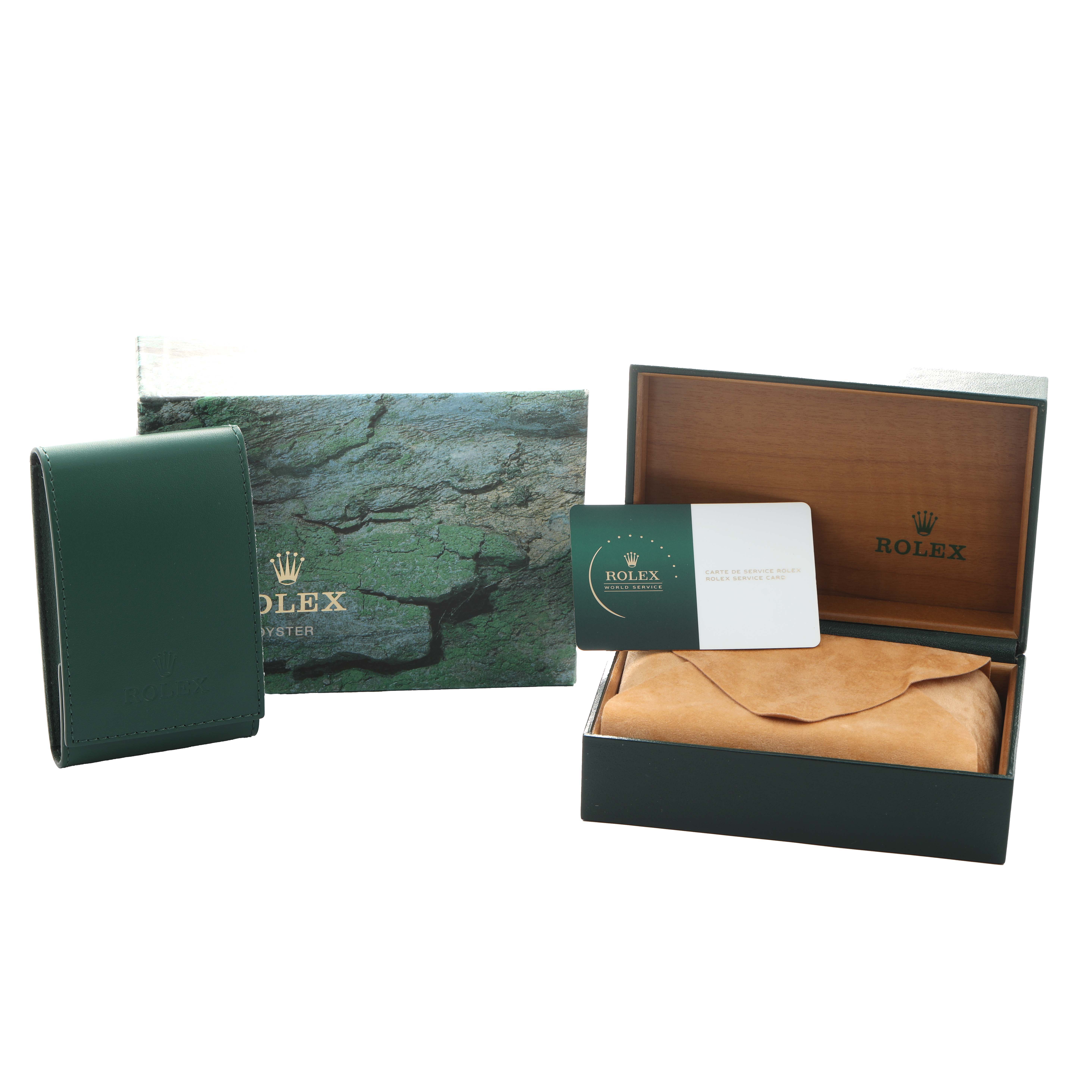 The image displays the packaging and accessories for a Rolex Datejust 16234 Men's Stainless Steel Pink Dial, including the box, card, and case, from a front angle.