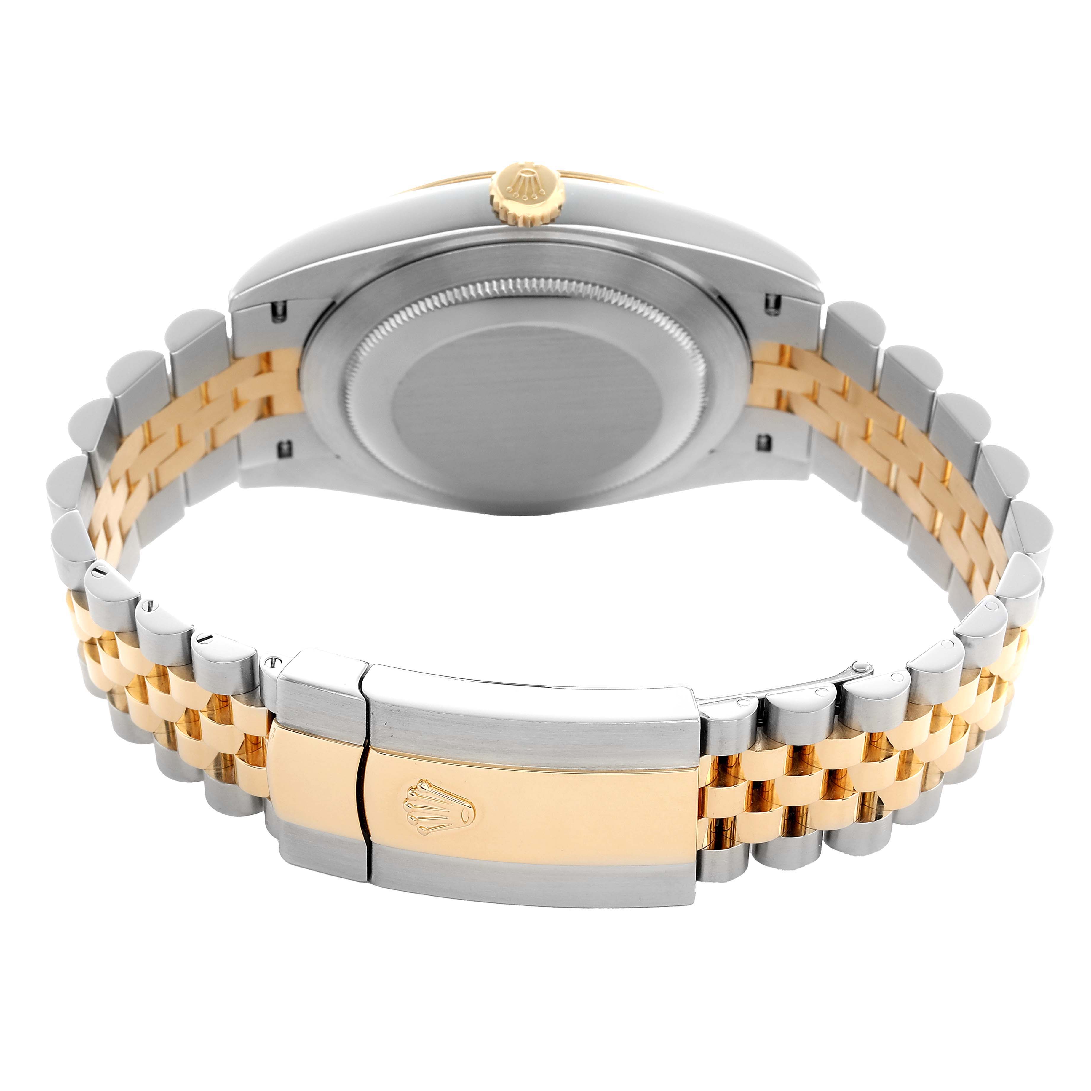 The image shows the back view of a Rolex Datejust 41 126333 Men's Steel and Gold (two tone) Champagne Dial, featuring the case back, crown, and two-tone bracelet with clasp.