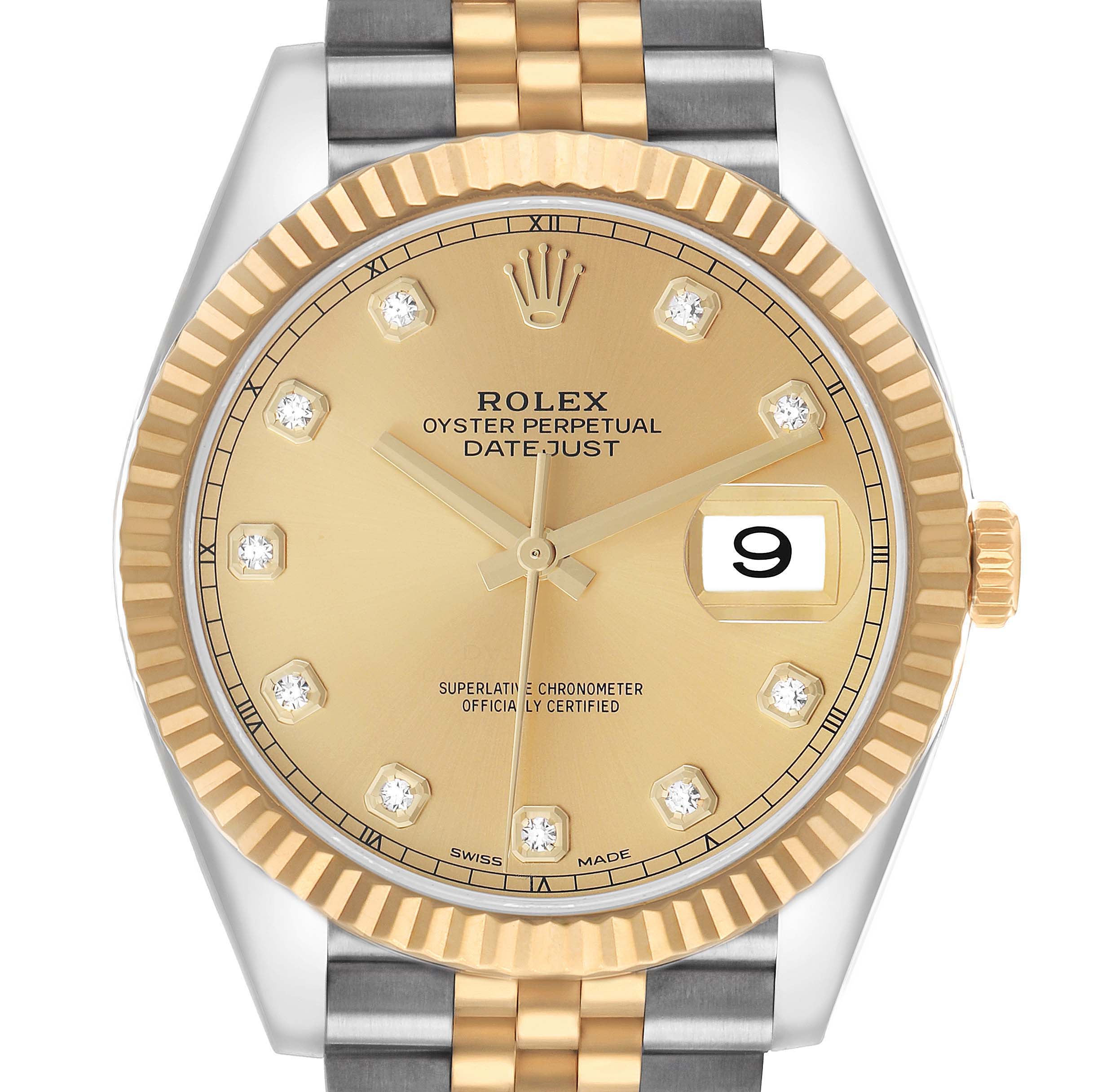 The Rolex Datejust 41 126333 Men's Steel and Gold (two tone) Champagne Dial is shown from the front, highlighting its dial, fluted bezel, and two-tone bracelet.