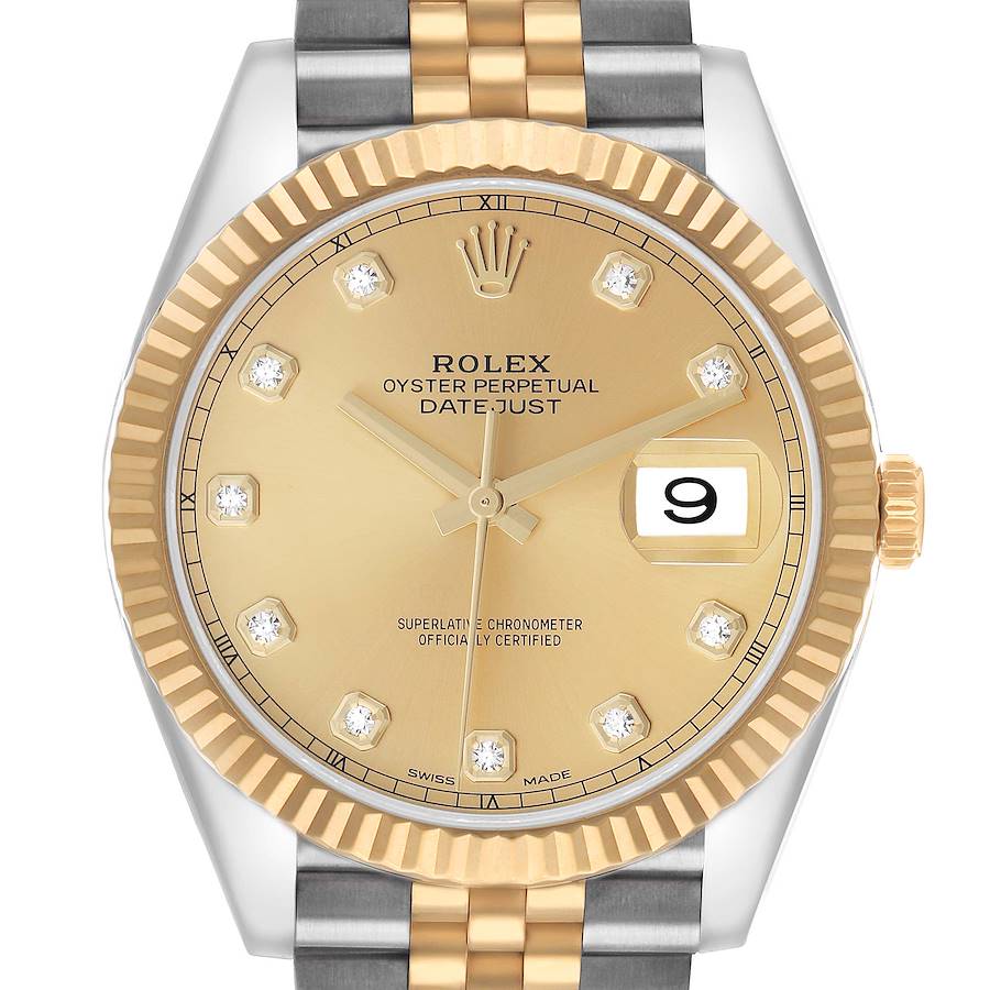 The Rolex Datejust 41 126333 Men's Steel and Gold (two tone) Champagne Dial is shown from the front, highlighting its dial, fluted bezel, and two-tone bracelet.