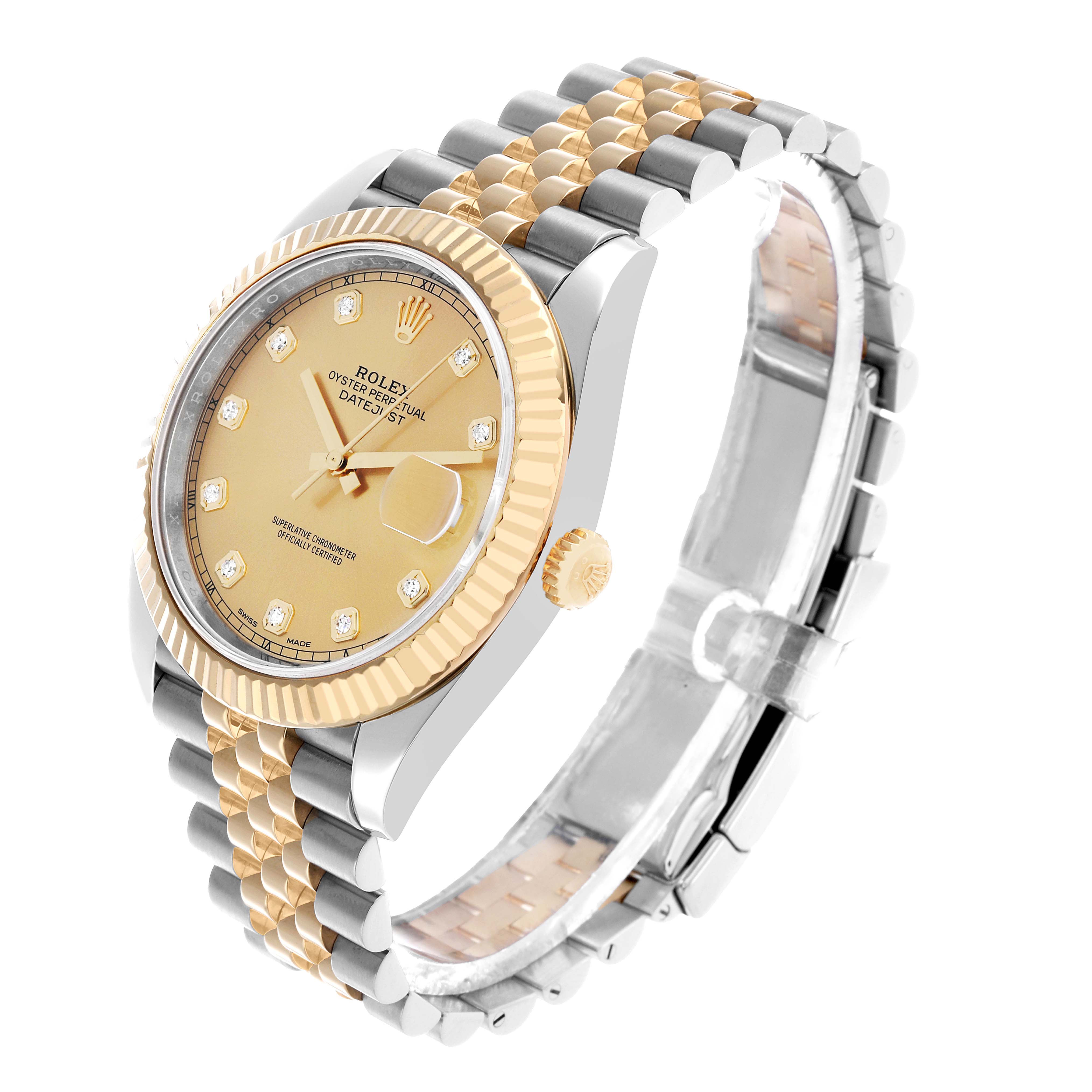 The Rolex Datejust 41 126333 Men's Steel and Gold (two tone) Champagne Dial is shown at an angled perspective, highlighting the bezel, dial, crown, and two-tone bracelet.