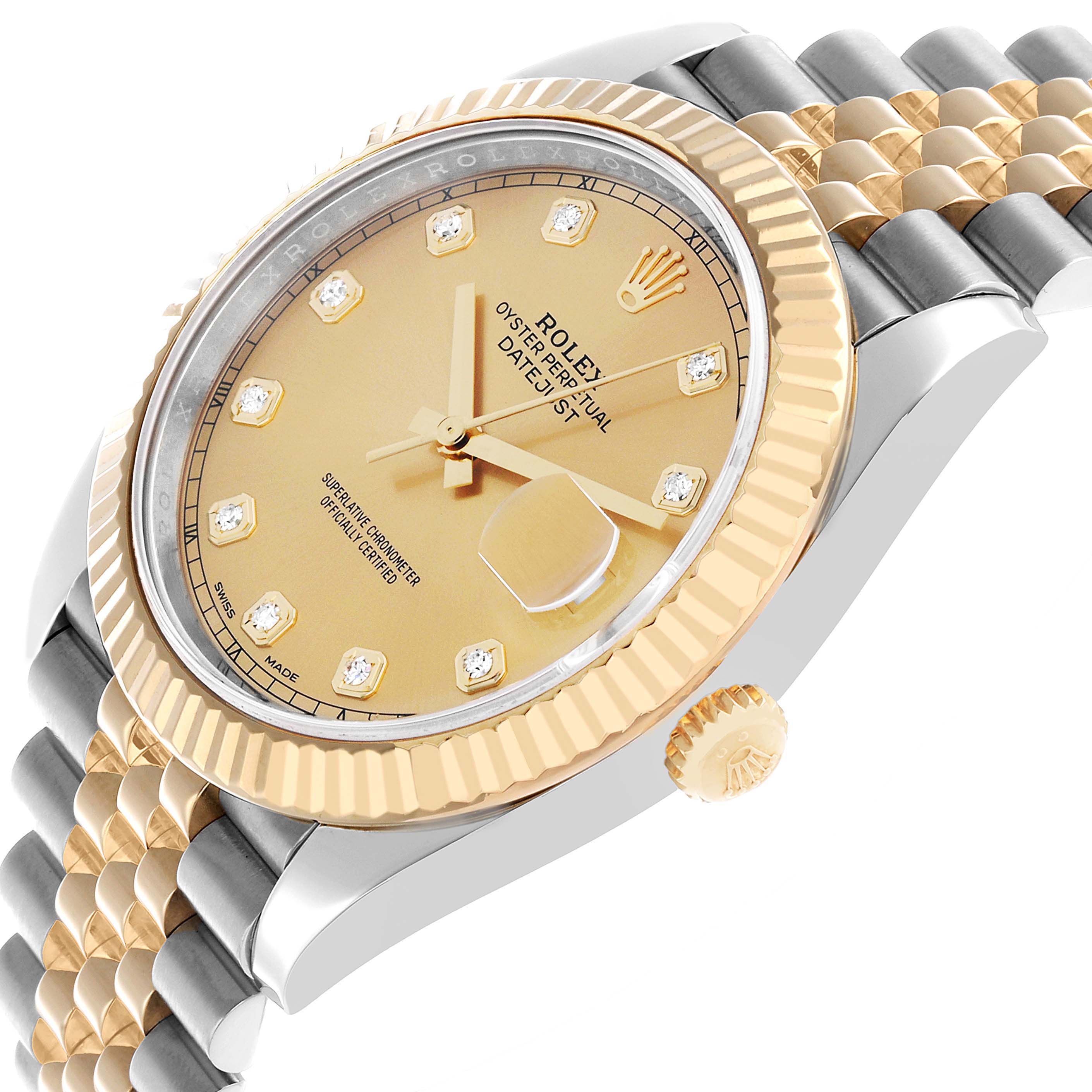 The Rolex Datejust 41 126333 Men's Steel and Gold (two tone) Champagne Dial is shown at an angled view highlighting the dial, bezel, crown, and part of the bracelet.