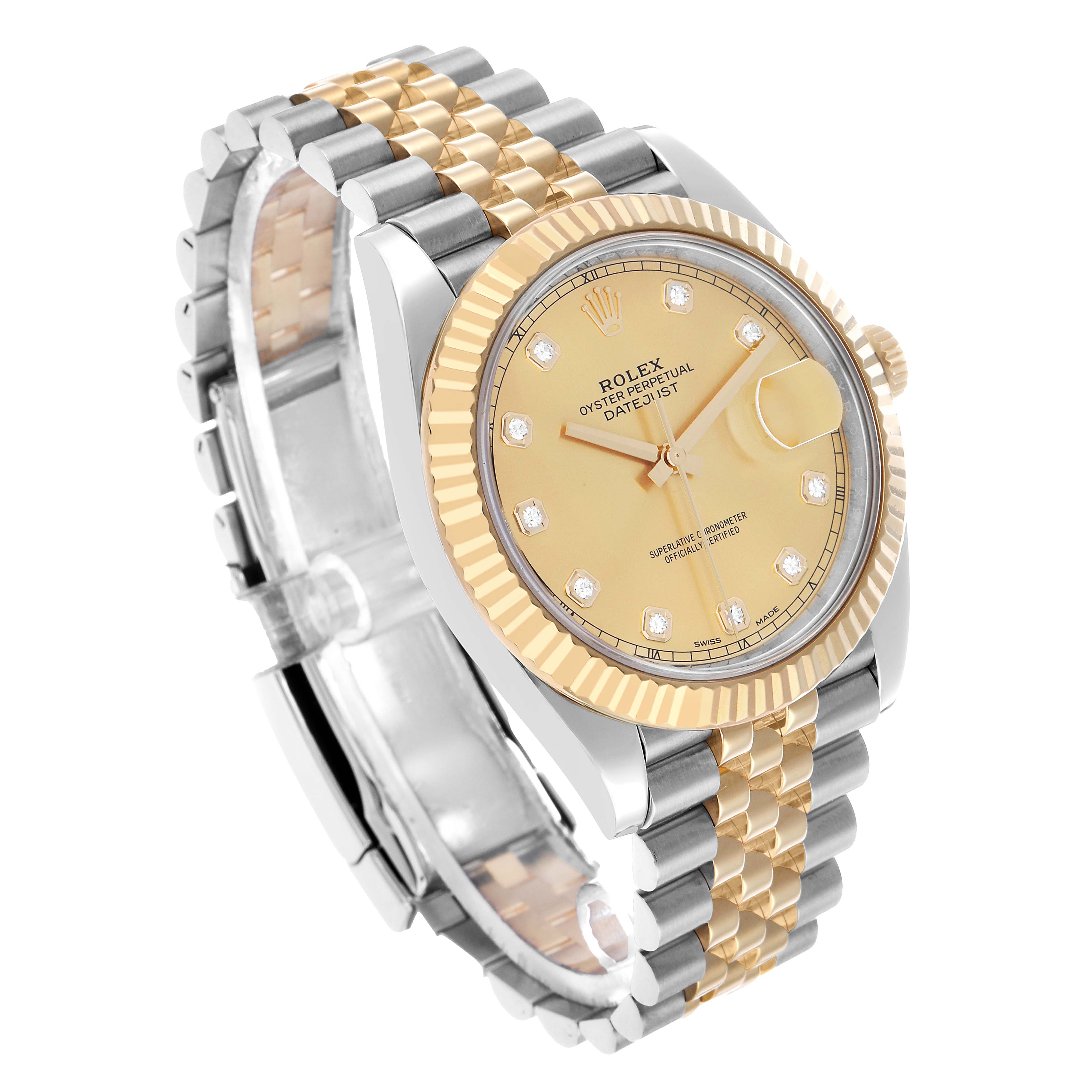 The Rolex Datejust 41 126333 Men's Steel and Gold (two tone) Champagne Dial is shown at a three-quarter angle, highlighting the gold dial, fluted bezel, and two-tone Jubilee bracelet.