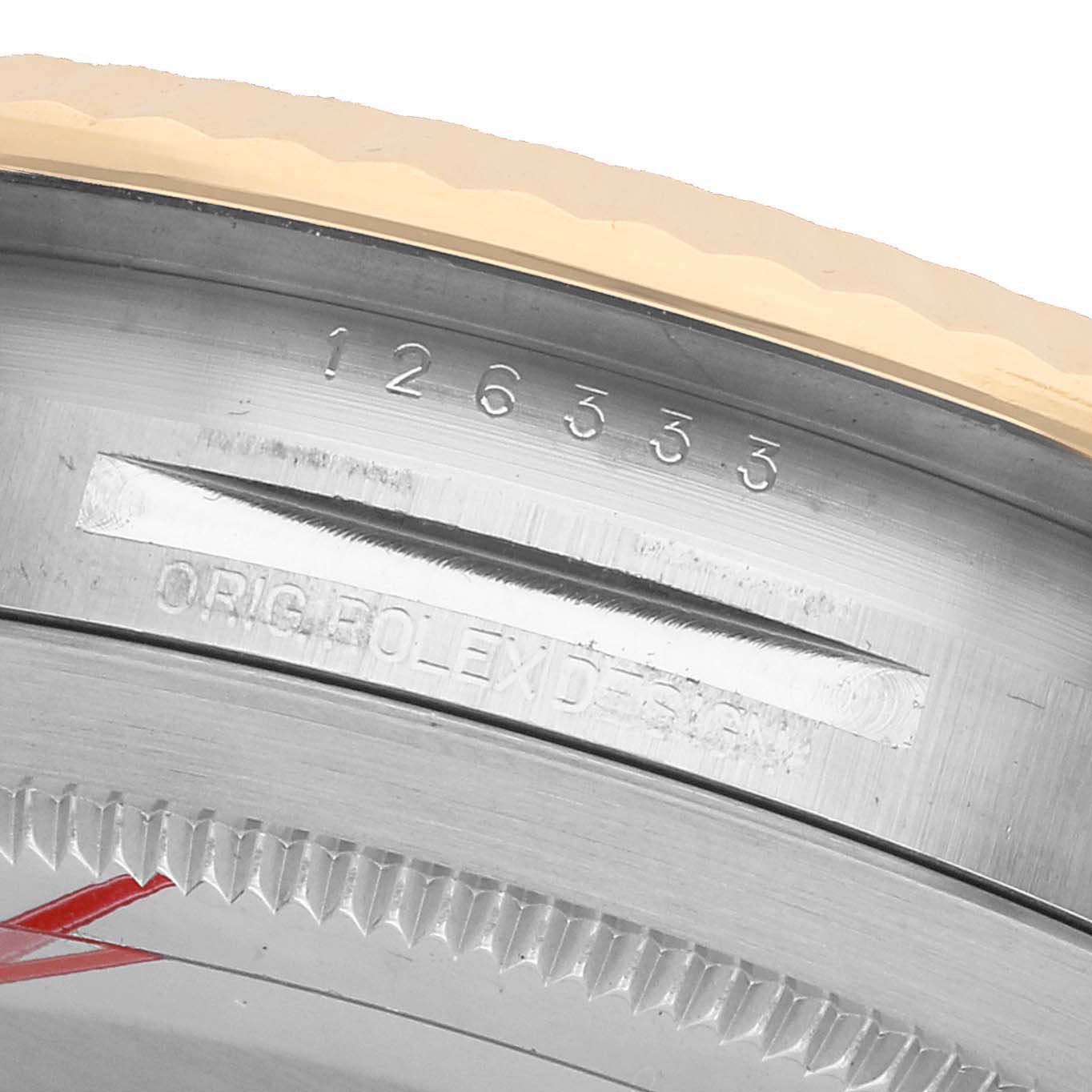 The image shows a close-up of the engraved case edge of a Rolex Datejust 41 126333 Men's Steel and Gold (two tone) Champagne Dial, featuring the model number and "Orig Rolex Design."