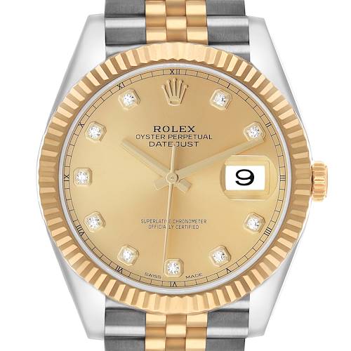The Rolex Datejust 41 126333 Men's Steel and Gold (two tone) Champagne Dial is shown from the front, displaying the dial, bezel, crown, and part of the bracelet.