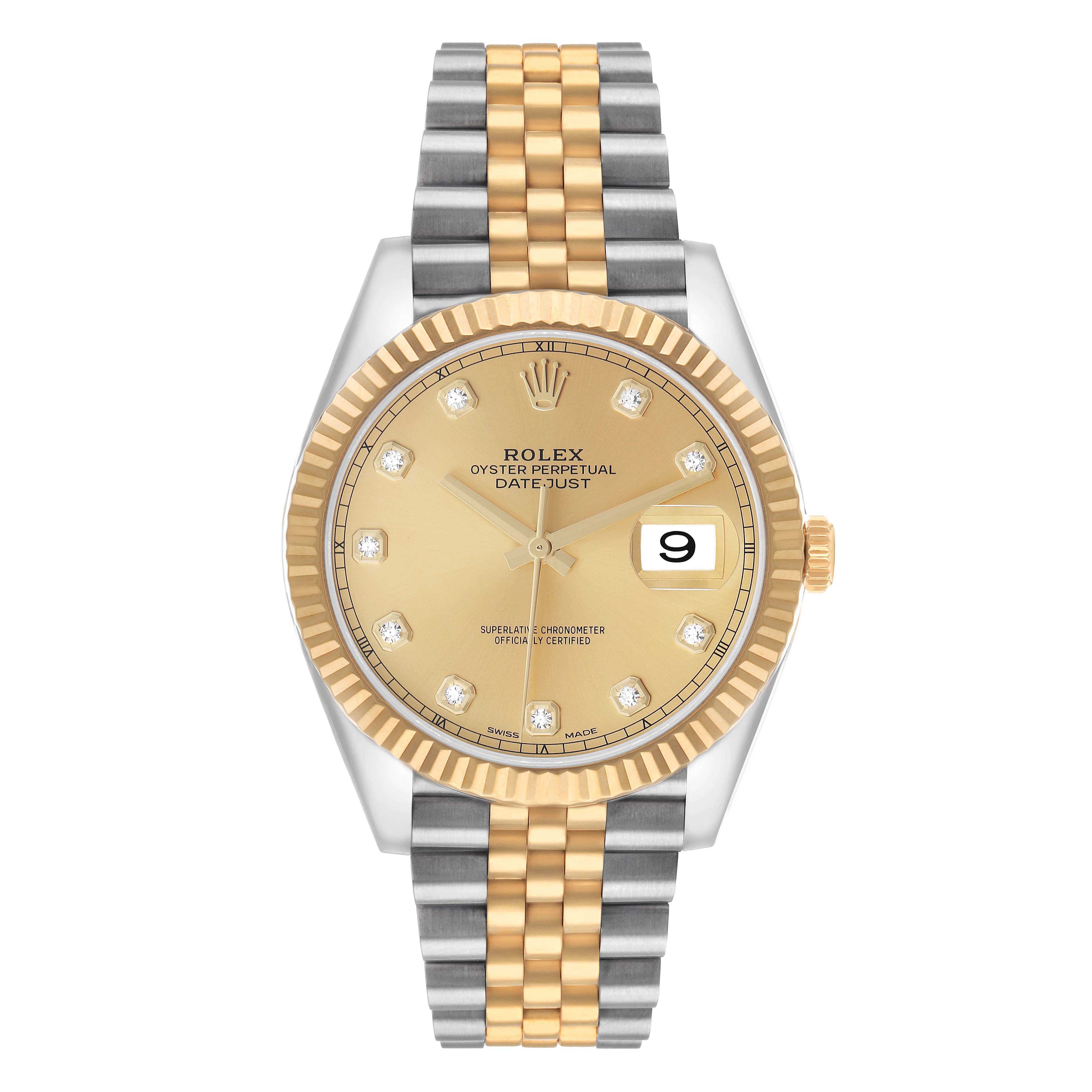 The Rolex Datejust 41 126333 Men's Steel and Gold (two tone) Champagne Dial watch is shown from a front view, featuring a two-tone bracelet, gold dial, and diamond hour markers.