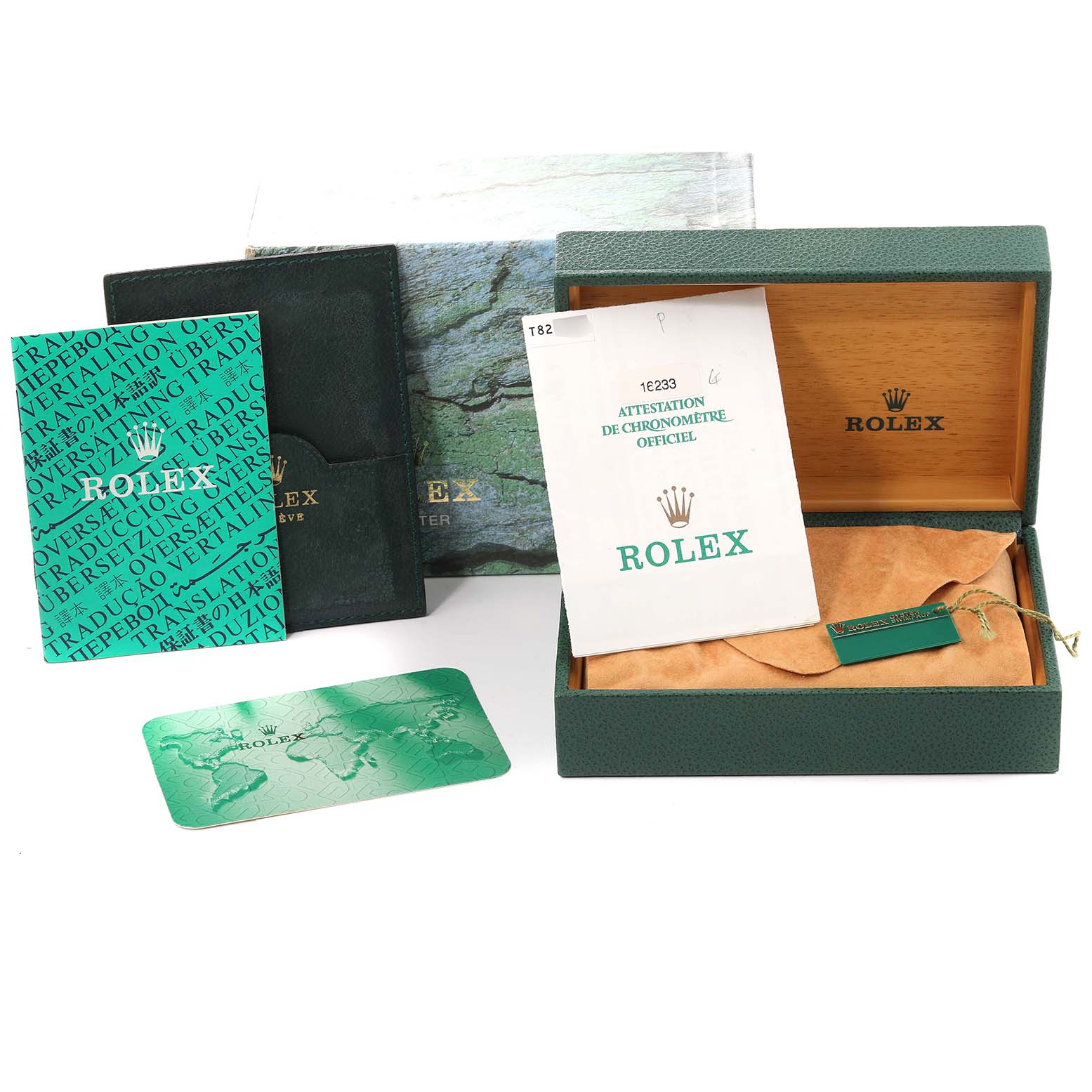 The image shows the packaging, certificates, and accessories for a Rolex Datejust 16233 Men's Steel and Gold (two tone) Champagne Dial 16233 Men's Steel and Gold (two tone) Champagne Dial watch.