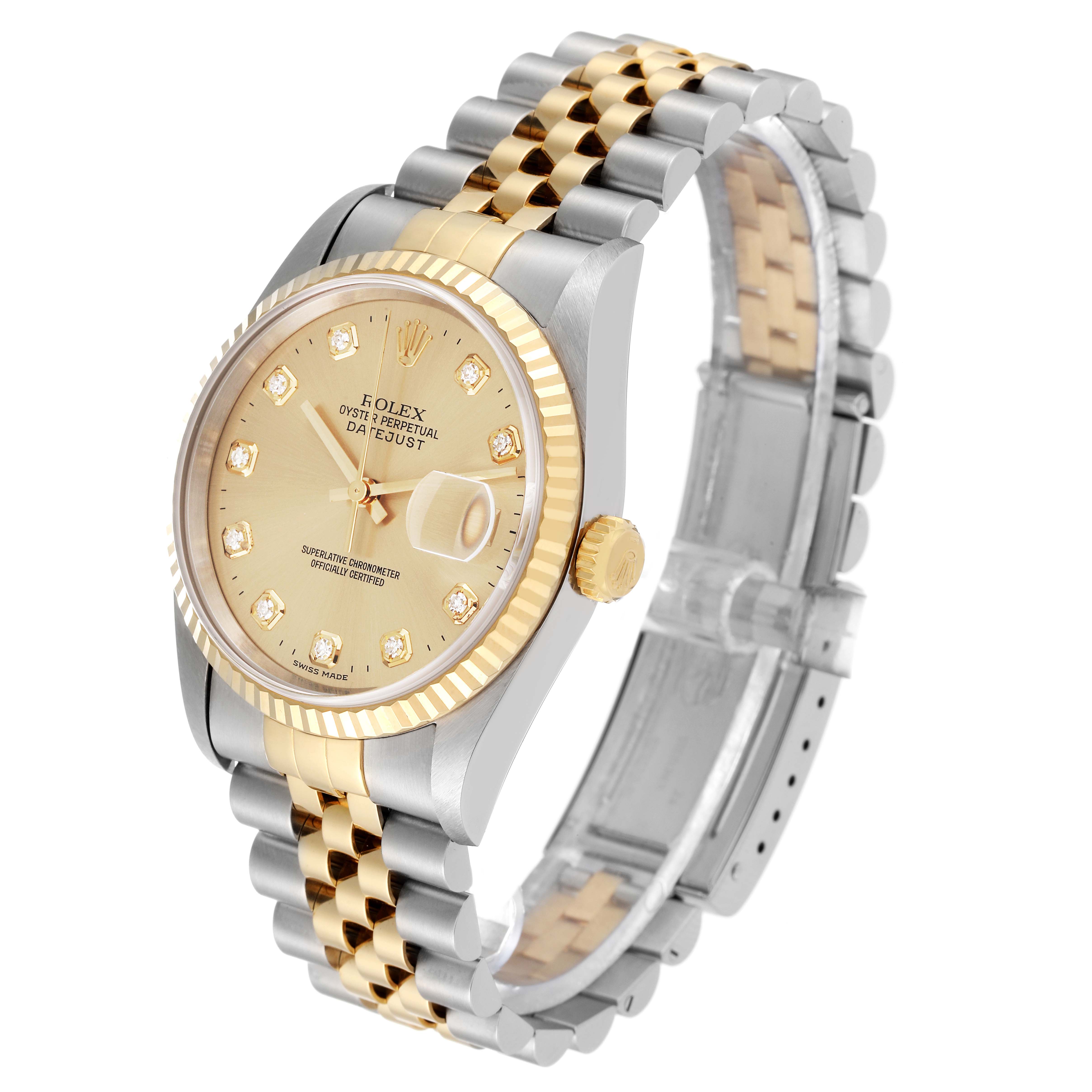 The image shows a Rolex Datejust 16233 Men's Steel and Gold (two tone) Champagne Dial 16233 Men's Steel and Gold (two tone) Champagne Dial watch at a front-side angle, clearly displaying the dial, bezel, and two-tone bracelet.