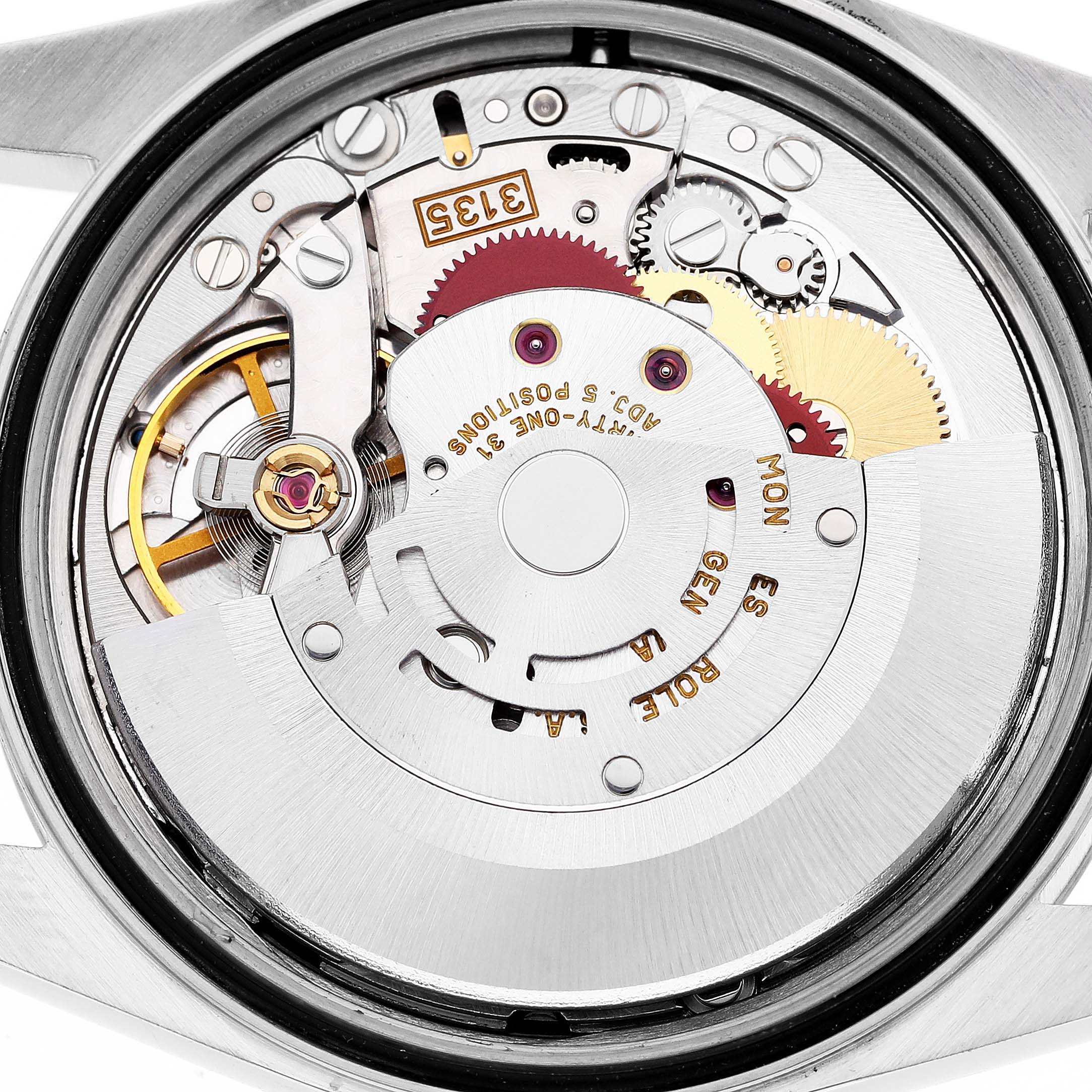 This image shows the detailed internal movement mechanism of a Rolex Datejust 16233 Men's Steel and Gold (two tone) Champagne Dial 16233 Men's Steel and Gold (two tone) Champagne Dial watch from a top-down angle.