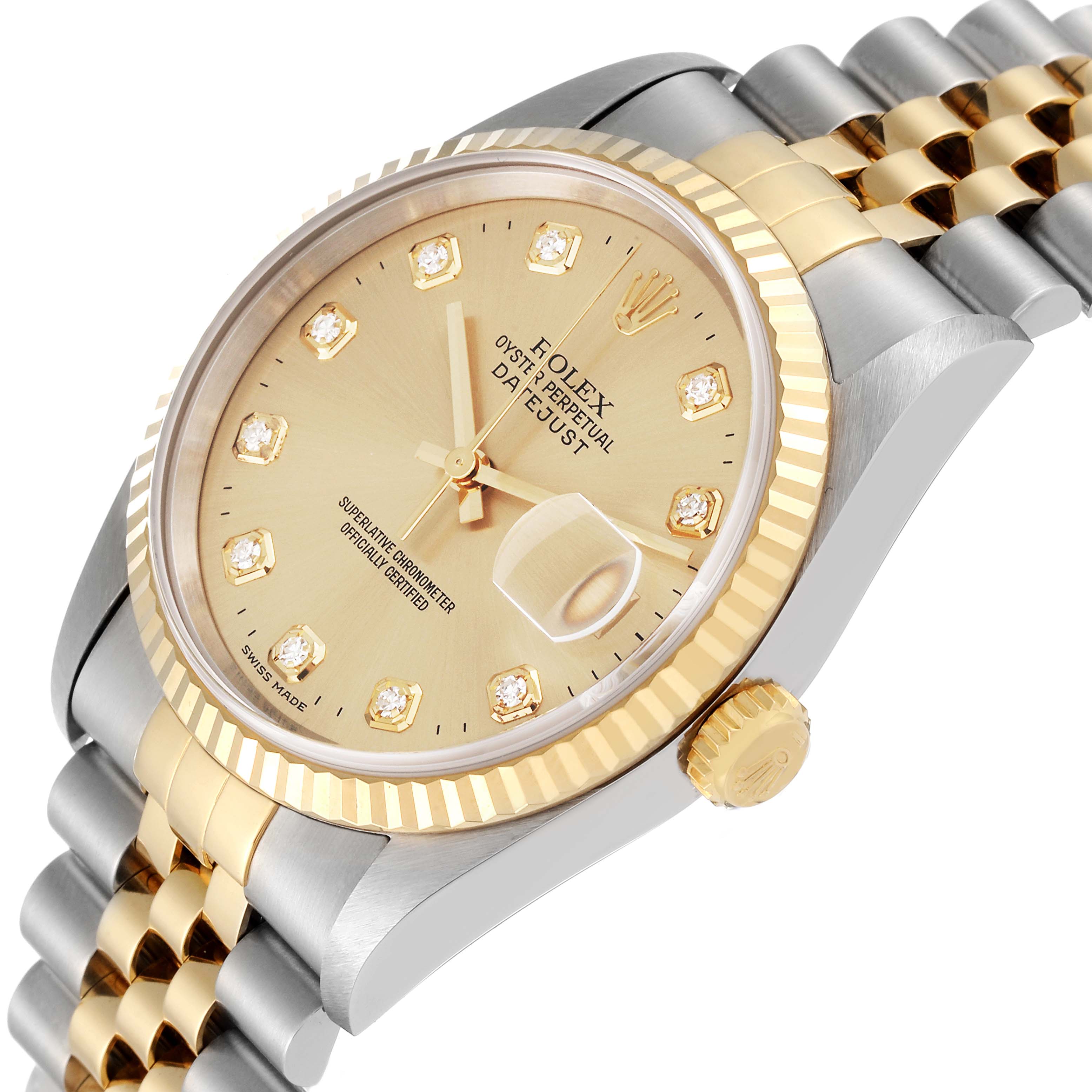 This image shows a close-up angle of the Rolex Datejust 16233 Men's Steel and Gold (two tone) Champagne Dial 16233 Men's Steel and Gold (two tone) Champagne Dial watch, displaying its dial, bezel, case, and bracelet.