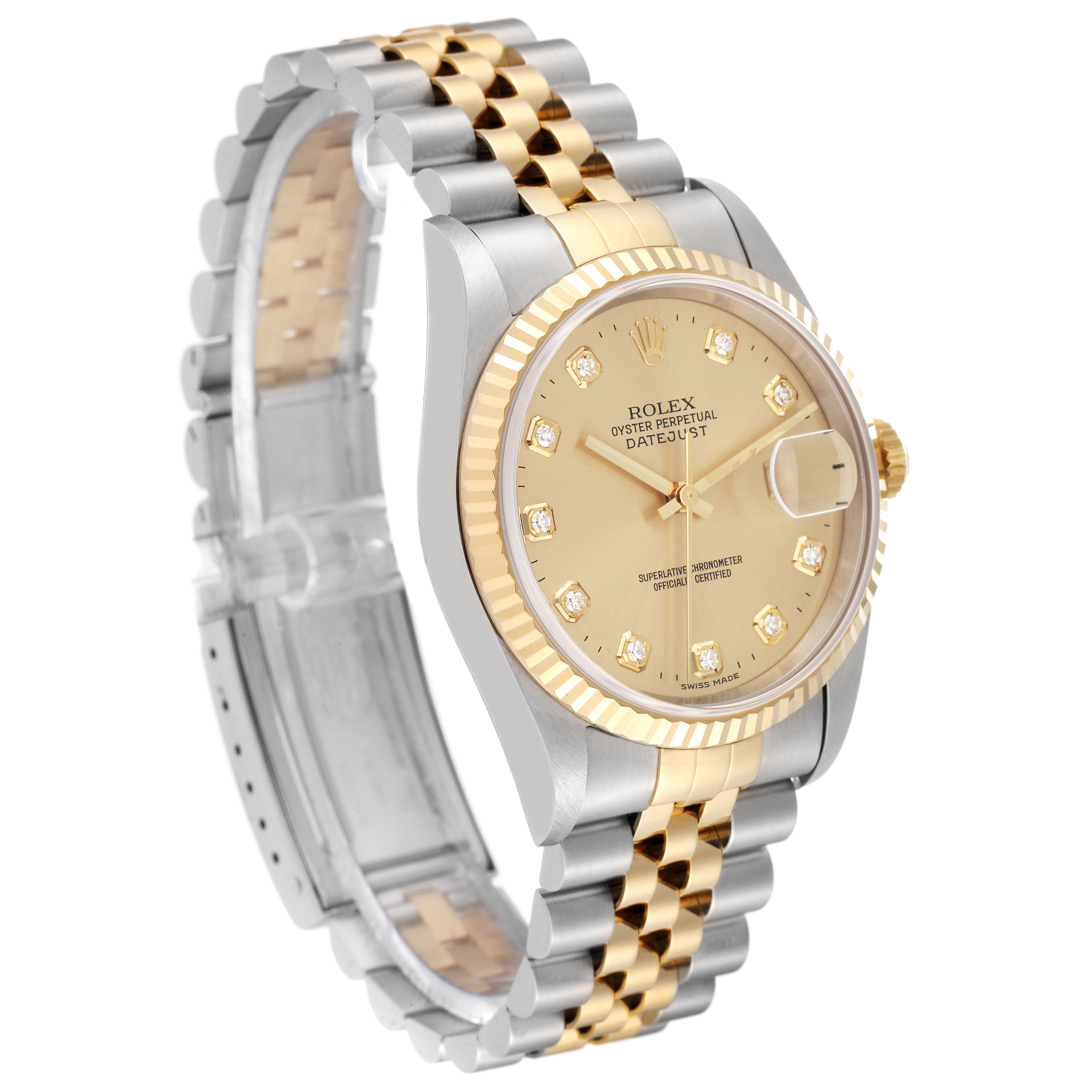 The image shows a Rolex Datejust 16233 Men's Steel and Gold (two tone) Champagne Dial 16233 Men's Steel and Gold (two tone) Champagne Dial watch at an angled view, displaying the dial, bezel, case, and two-tone bracelet.