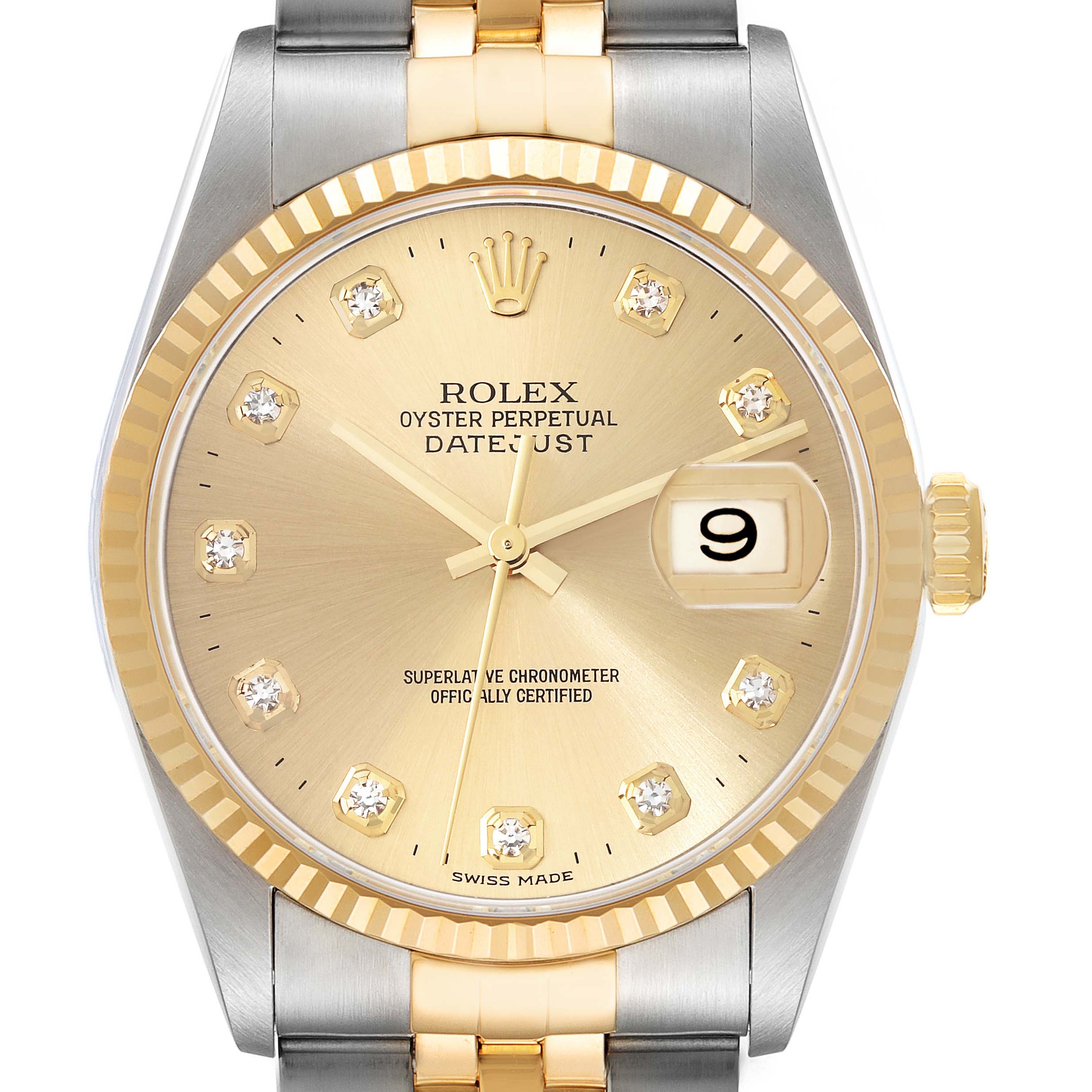 This is a close-up view of the Rolex Datejust 16233 Men's Steel and Gold (two tone) Champagne Dial 16233 Men's Steel and Gold (two tone) Champagne Dial watch, showcasing the dial, bezel, crown, and part of the bracelet.