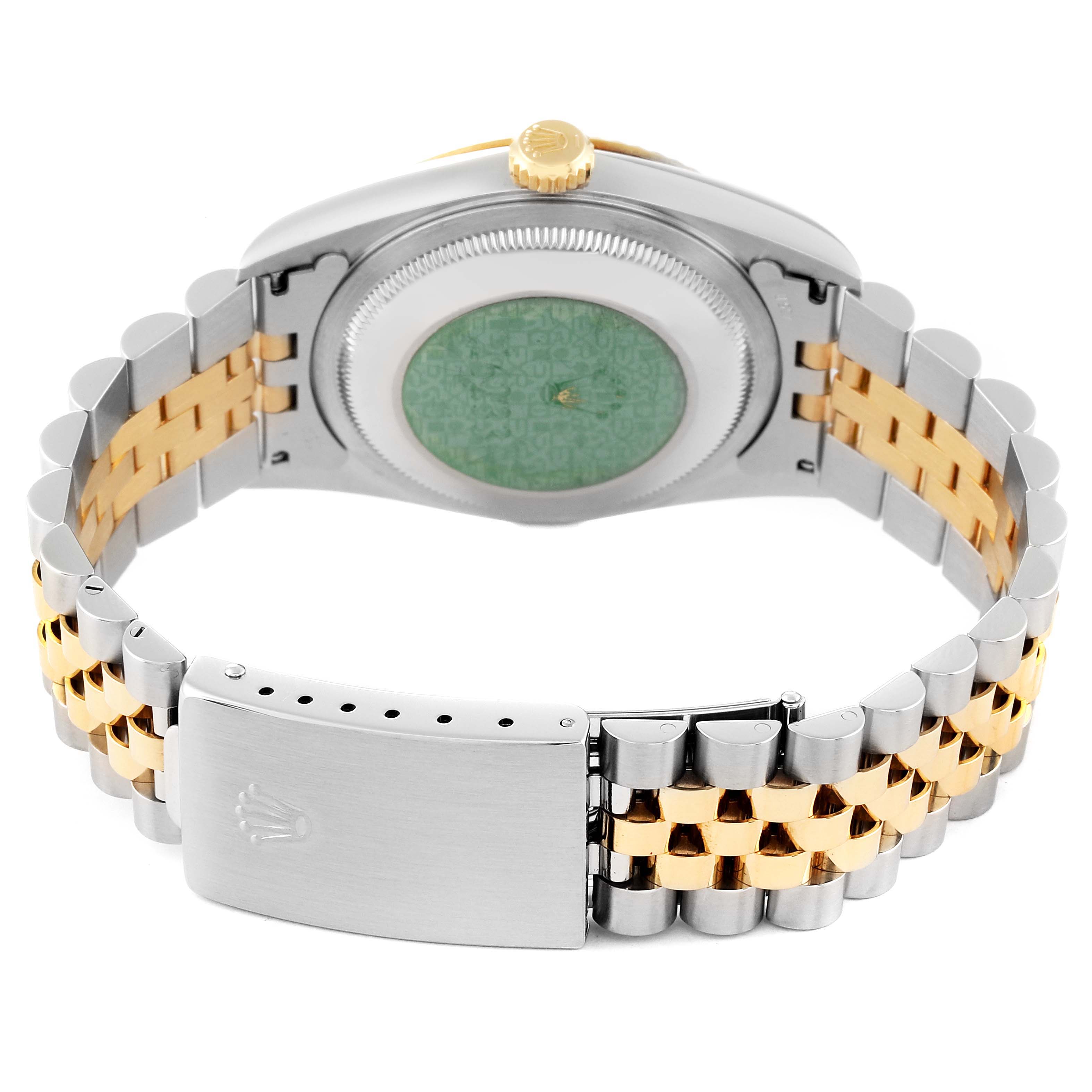 This image shows the back of a Rolex Datejust 16233 Men's Steel and Gold (two tone) Champagne Dial 16233 Men's Steel and Gold (two tone) Champagne Dial watch, highlighting the case back, crown, and Jubilee bracelet.