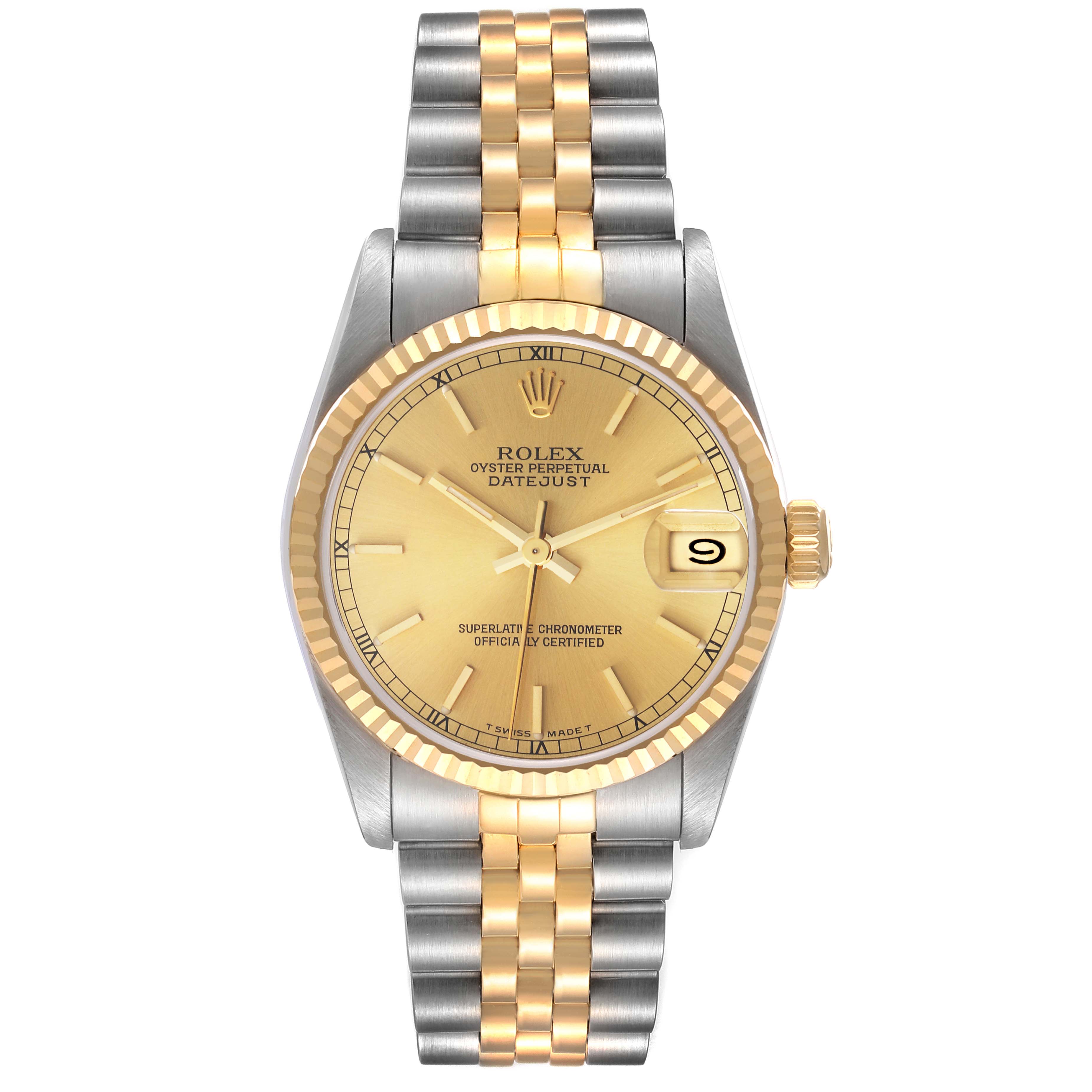 This image shows a Rolex Mid-Size 68273 Women
s Steel and Gold (two tone) Champagne Dial 68273 Women
s Steel and Gold (two tone) Champagne Dial Oyster Perpetual Datejust watch from a front angle, displaying the dial, bezel, and bracelet.