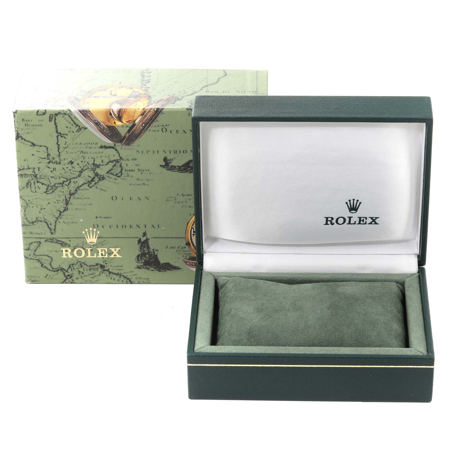The image shows an open Rolex watch box with a pillow inside and the outer packaging featuring a map design.