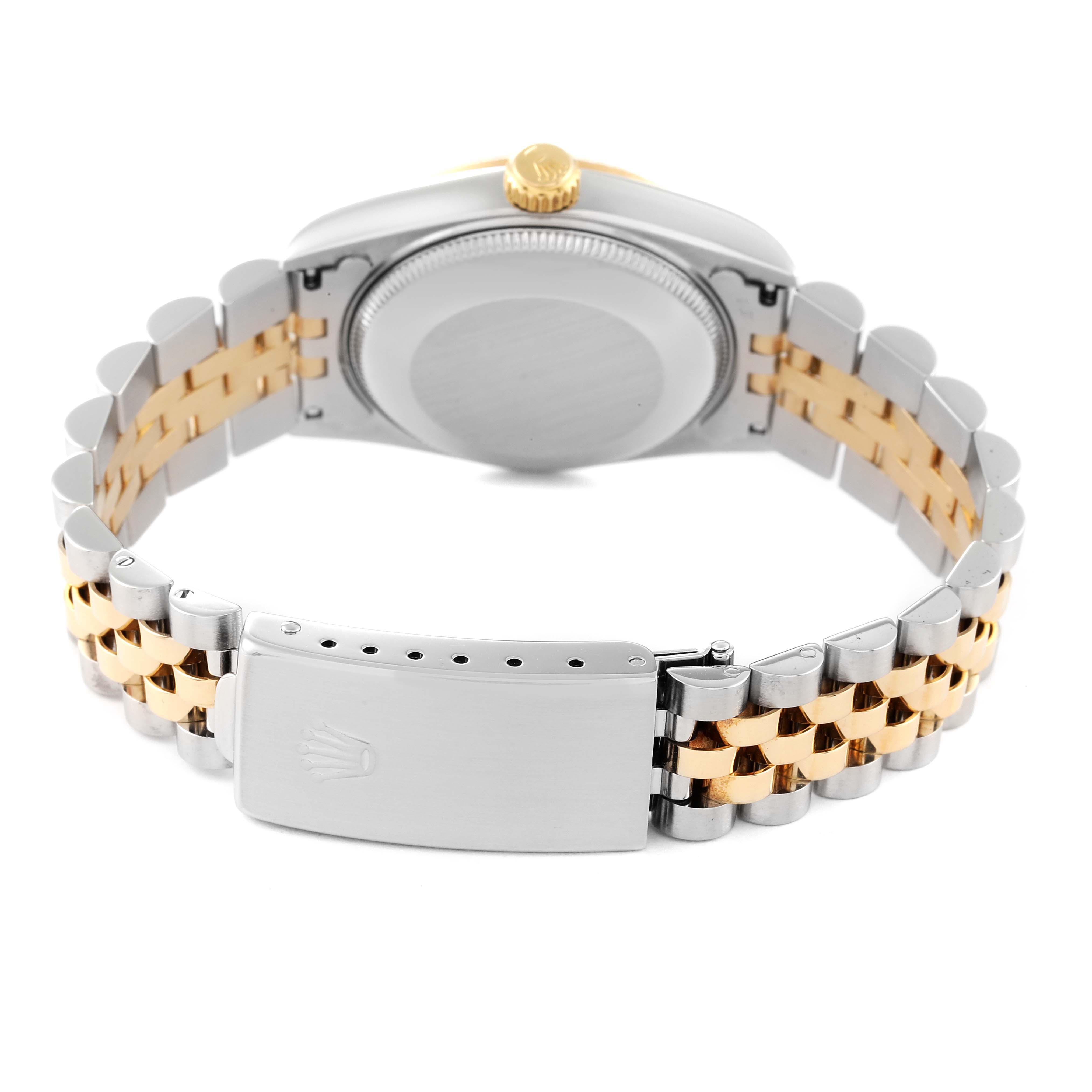 The image shows the back case and bracelet of a Mid-Size Rolex watch, viewed from the rear angle.