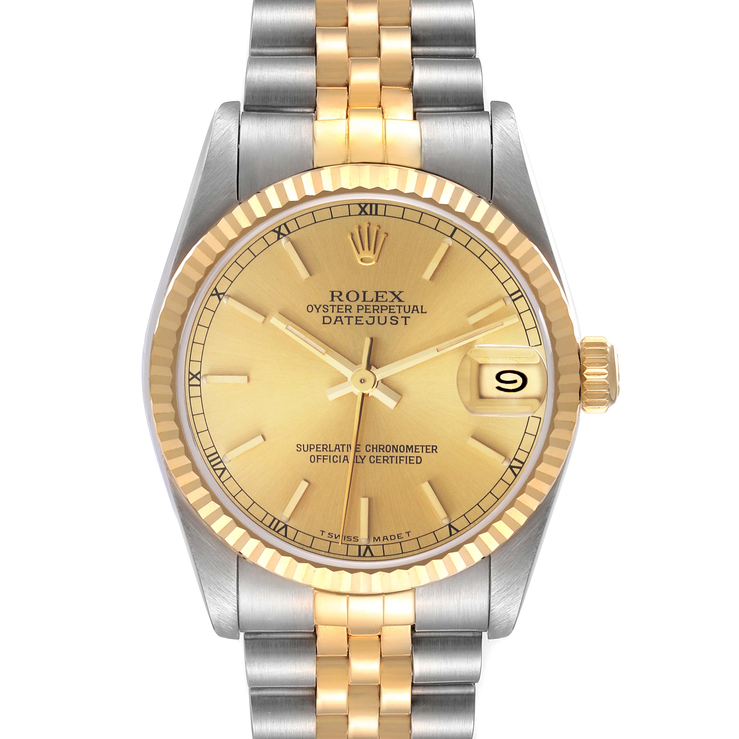 This image shows a front view of a Rolex Oyster Perpetual Datejust Mid-Size watch with a two-tone bracelet and a gold dial.