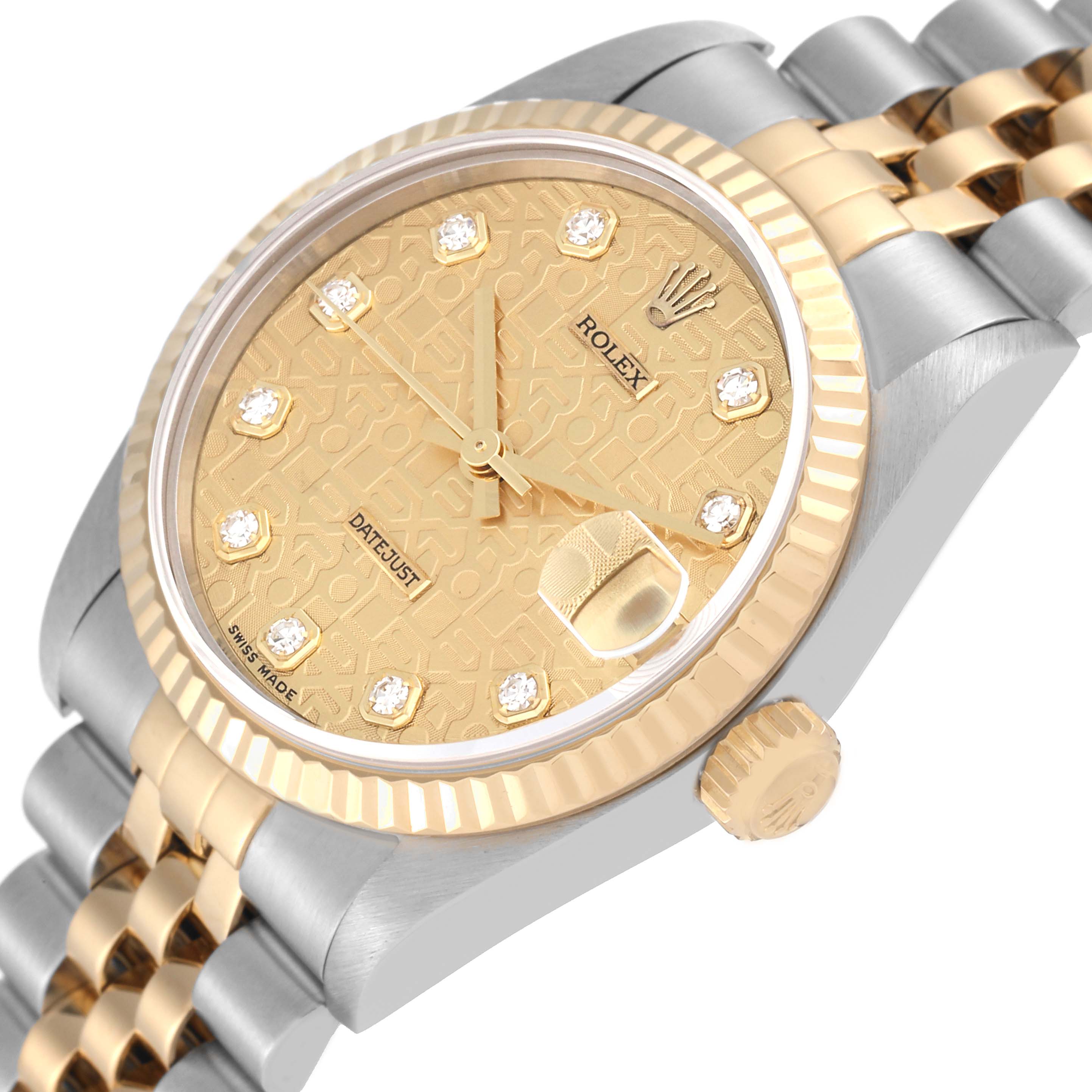 The image shows a Rolex Mid-Size 78273 Women
s Steel and Gold (two tone) Champagne Dial 78273 Women
s Steel and Gold (two tone) Champagne Dial Datejust watch from an angled view highlighting the dial, bezel, crown, and part of the bracelet.