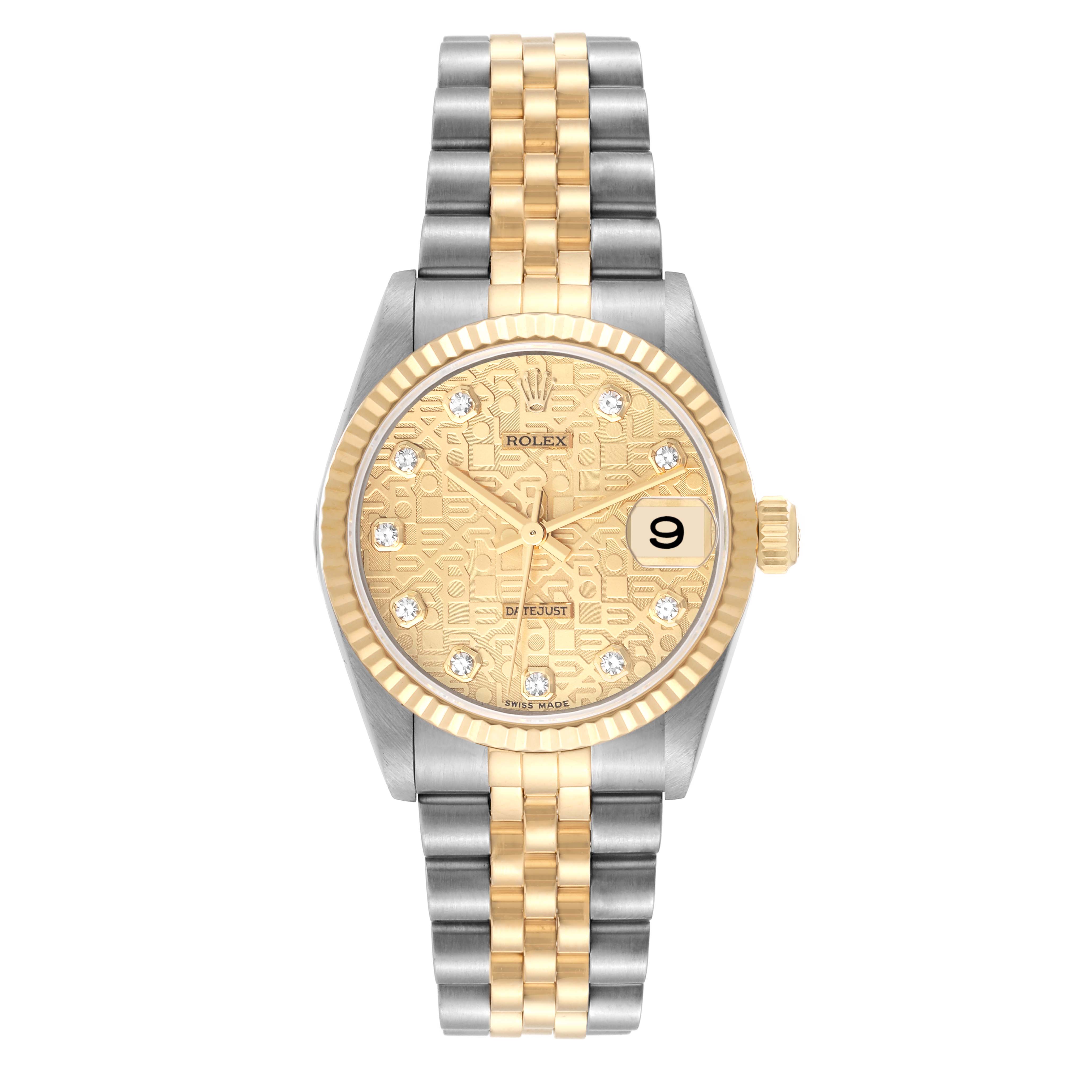 The Rolex Mid-Size 78273 Women
s Steel and Gold (two tone) Champagne Dial 78273 Women
s Steel and Gold (two tone) Champagne Dial model watch is shown from a top-down angle, displaying the face, bezel, and bracelet.