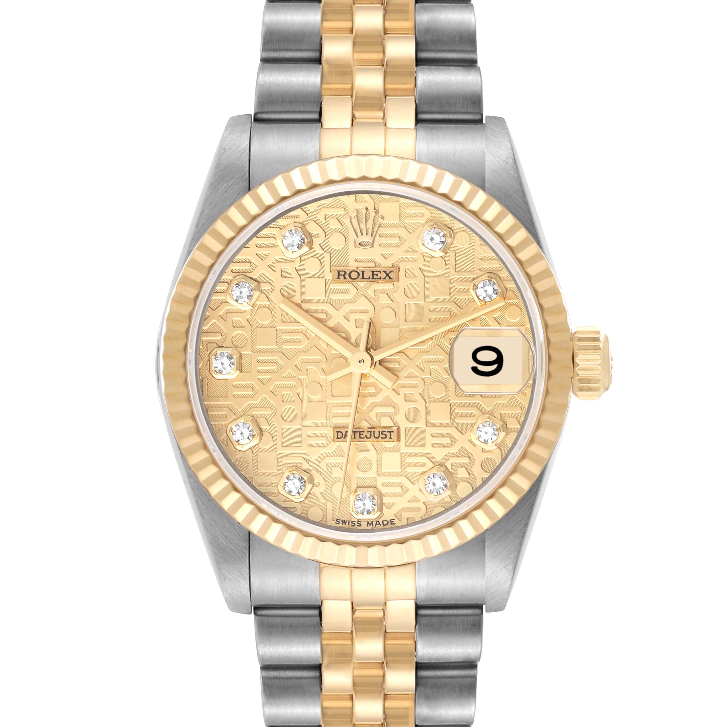 This is a frontal view of the Rolex Datejust Mid-Size model, showcasing its dial, bezel, and bracelet.