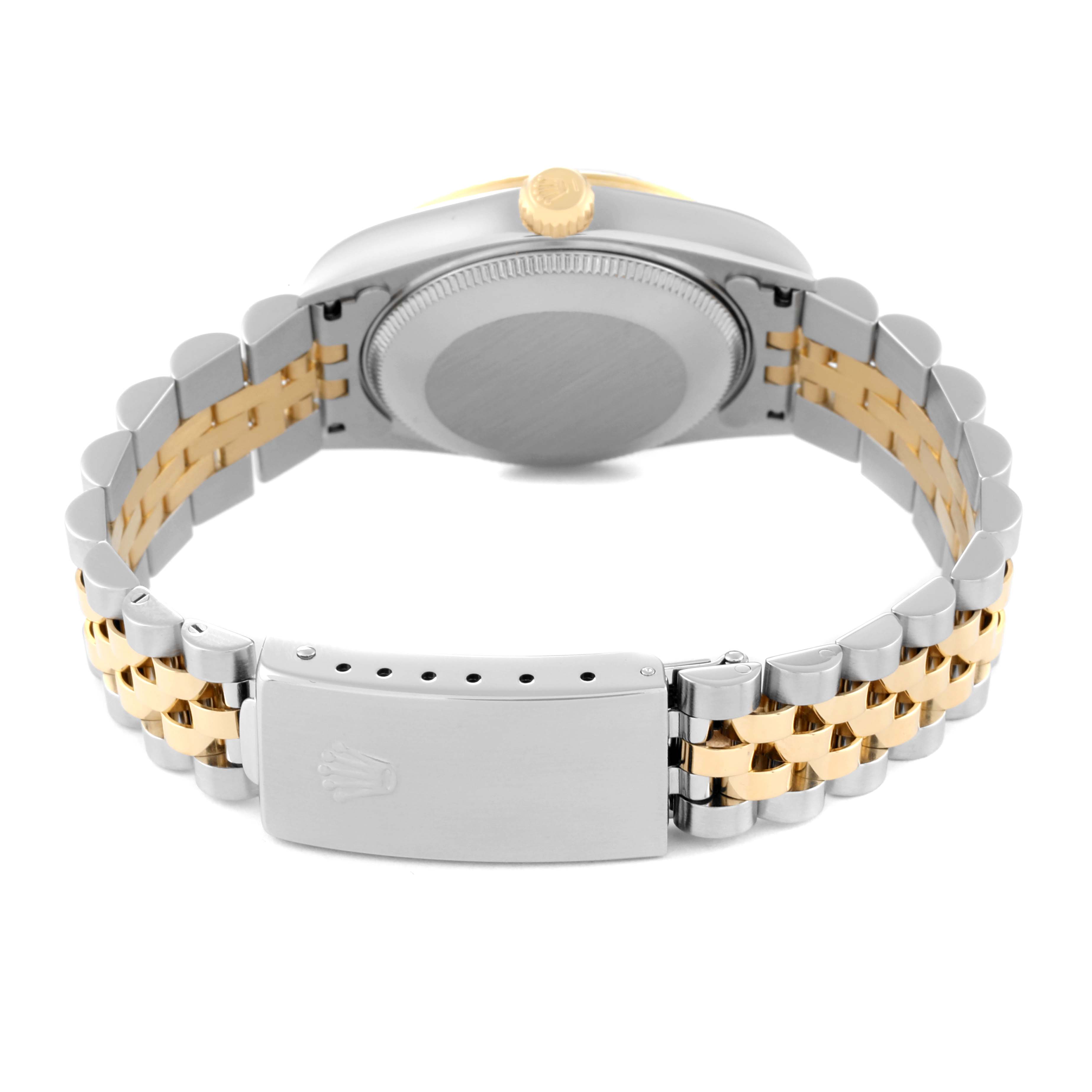 This image shows the back case, crown, and clasp of a Rolex Mid-Size 78273 Women
s Steel and Gold (two tone) Champagne Dial 78273 Women
s Steel and Gold (two tone) Champagne Dial watch at a slight angle.