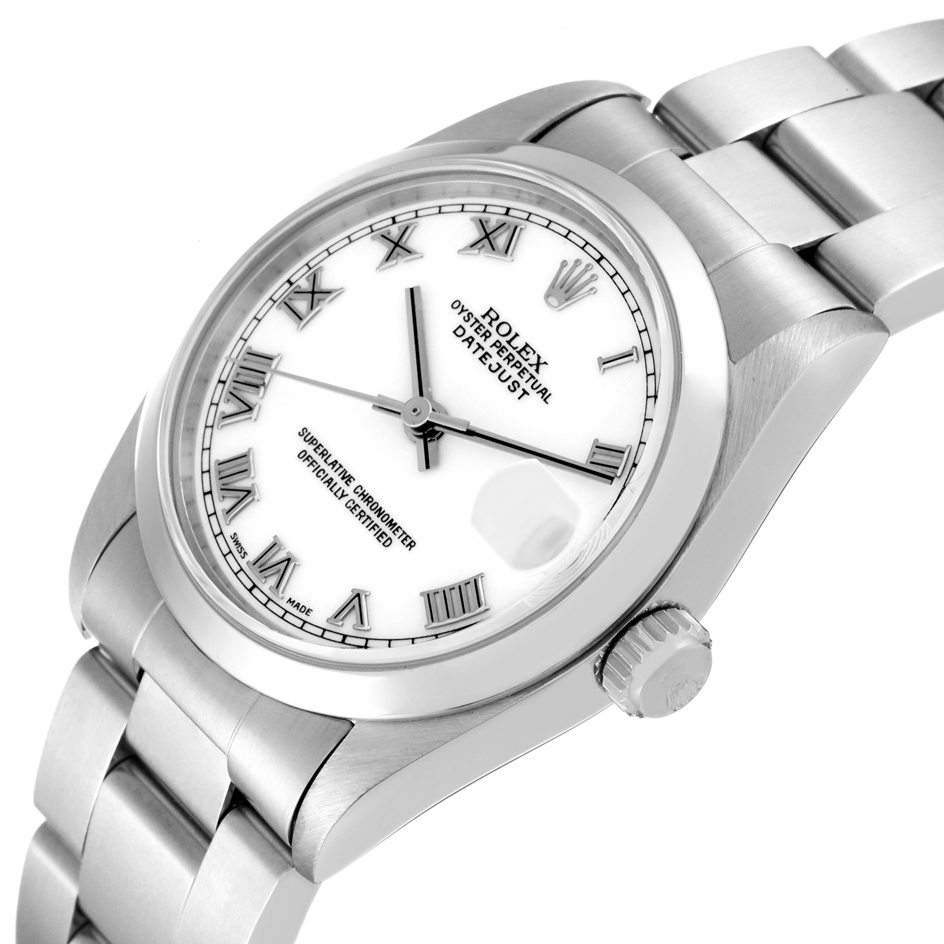 The image displays a mid-size Rolex Oyster Perpetual Datejust watch at an angled view, showing the dial, crown, bezel, and part of the bracelet.