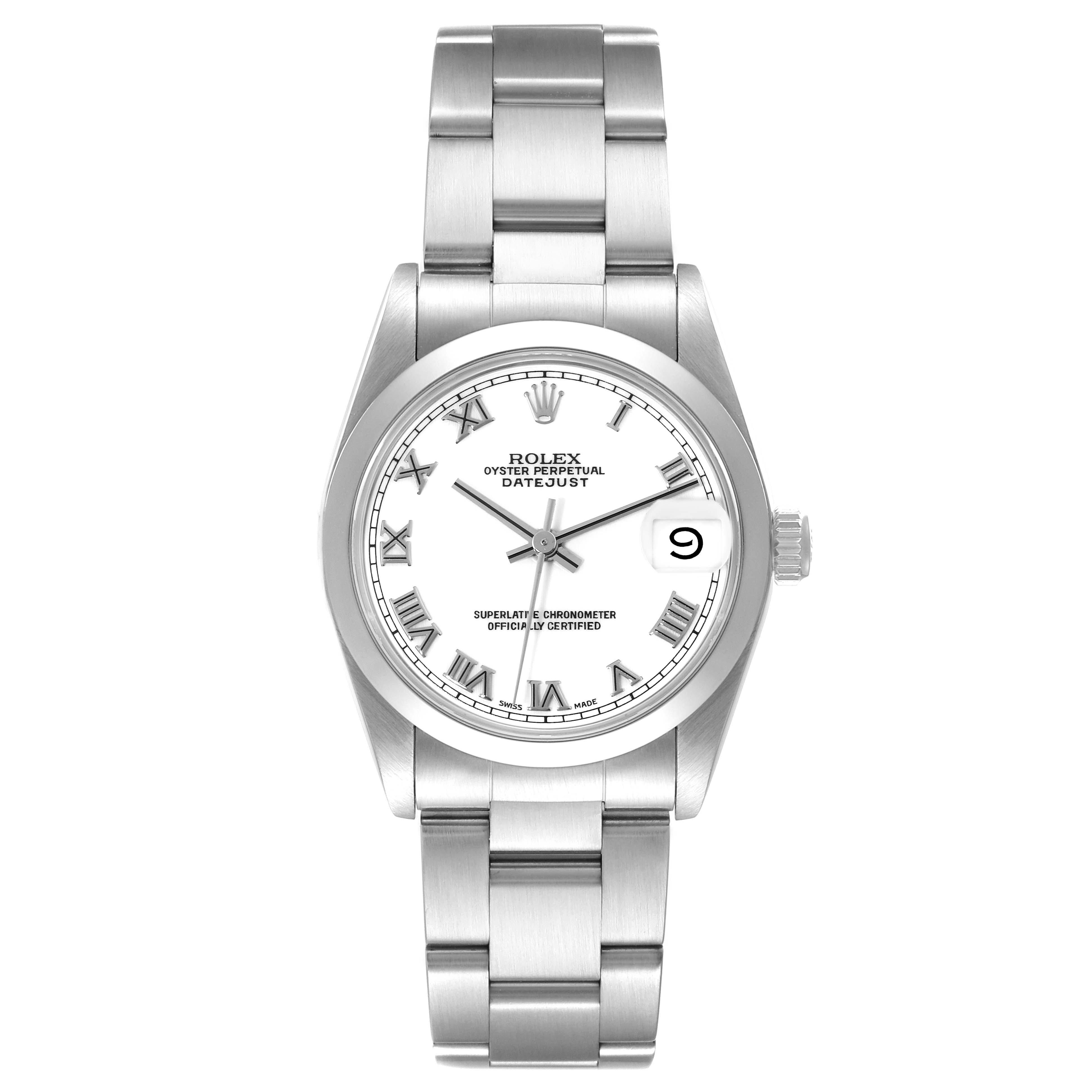 The image shows a front view of the Rolex Oyster Perpetual Datejust Mid-Size watch, including the dial, bracelet, and crown.