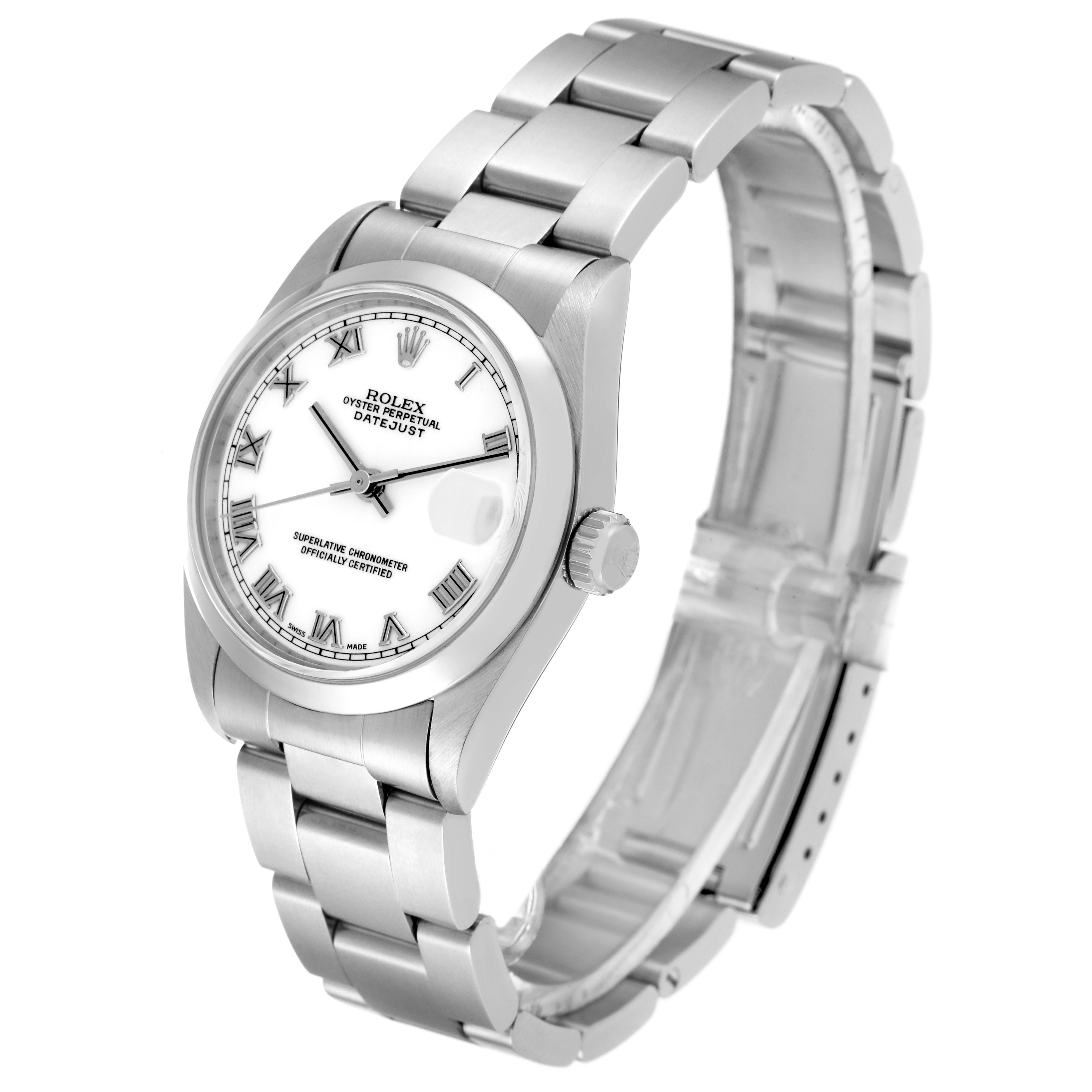 The Rolex Mid-Size 68240 Women
s Stainless Steel White Dial 68240 Women
s Stainless Steel White Dial watch is shown at a three-quarter angle, displaying the bracelet, case, dial, and crown.