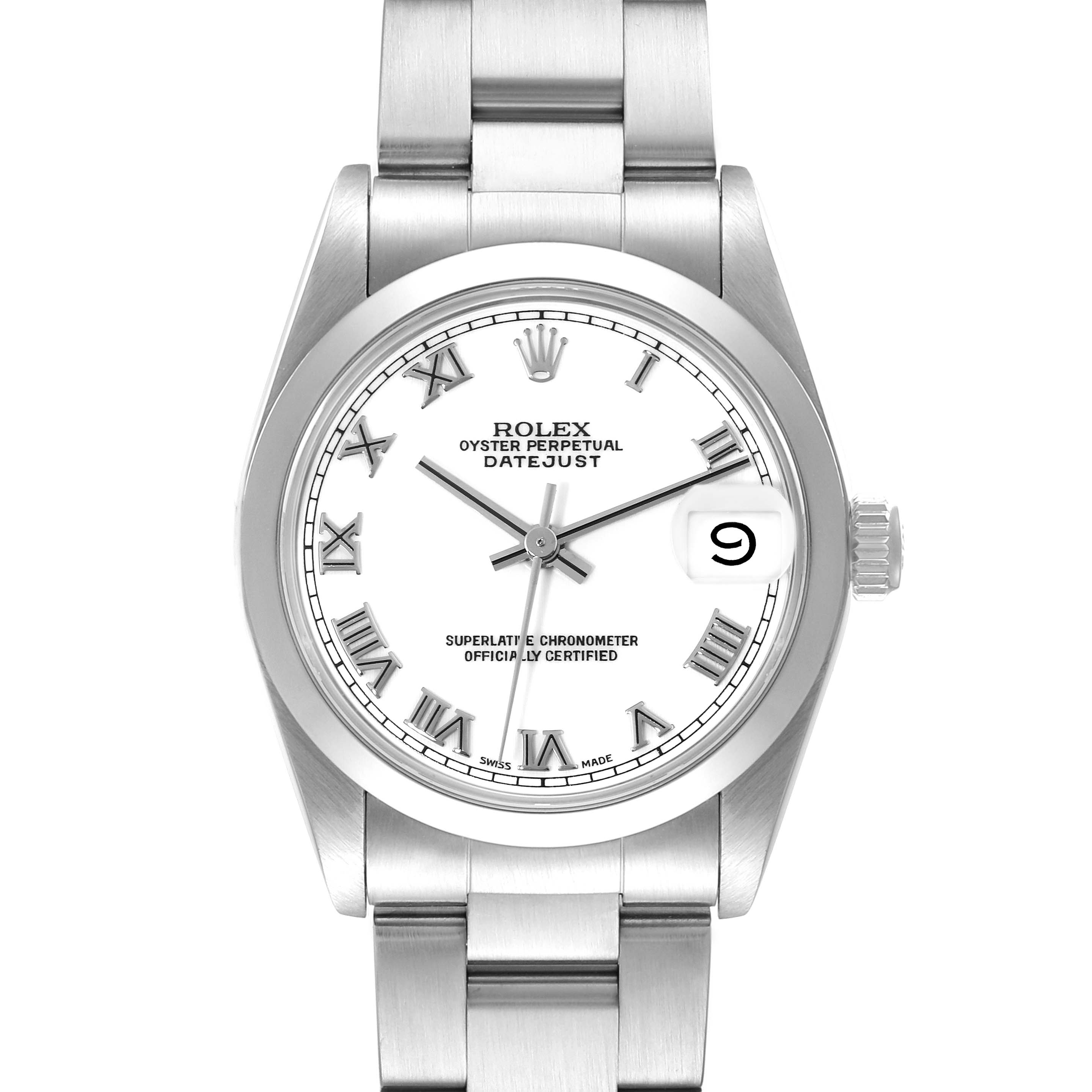 The image shows a front view of a Rolex Mid-Size 68240 Women
s Stainless Steel White Dial 68240 Women
s Stainless Steel White Dial Oyster Perpetual Datejust watch, highlighting its face, bracelet, and crown.