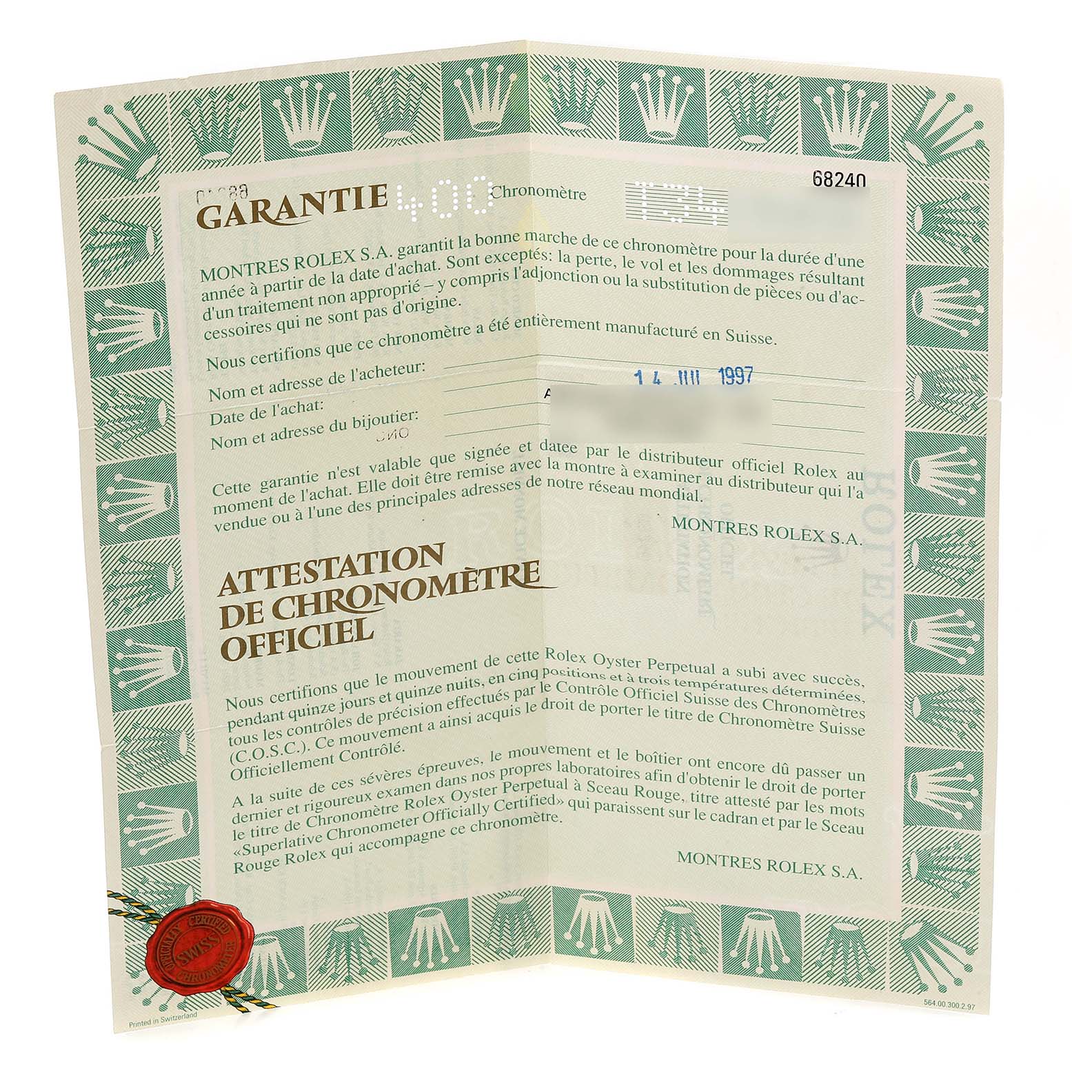 The image shows a warranty certificate for a Mid-Size Rolex watch, displaying text and the Rolex logo.