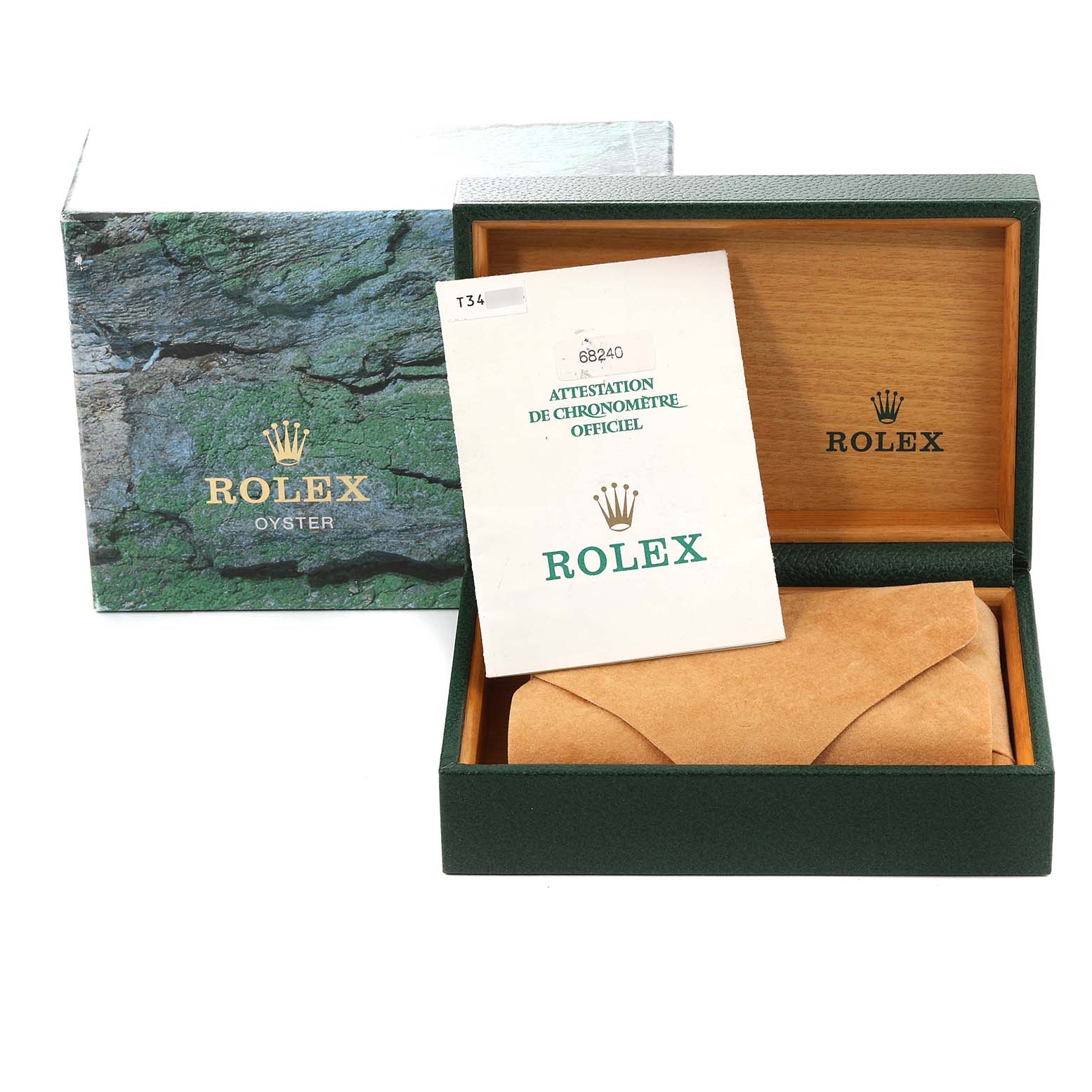 The image shows the packaging, box, and certificate for a Rolex Mid-Size 68240 Women
s Stainless Steel White Dial 68240 Women
s Stainless Steel White Dial watch.