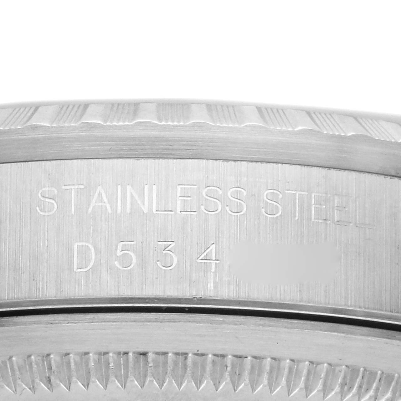 The image shows an engraved side view of the bezel and case of a Rolex Datejust 16220 Men's Stainless Steel Silver Dial 16220 Men's Stainless Steel Silver Dial, highlighting the stainless steel material.