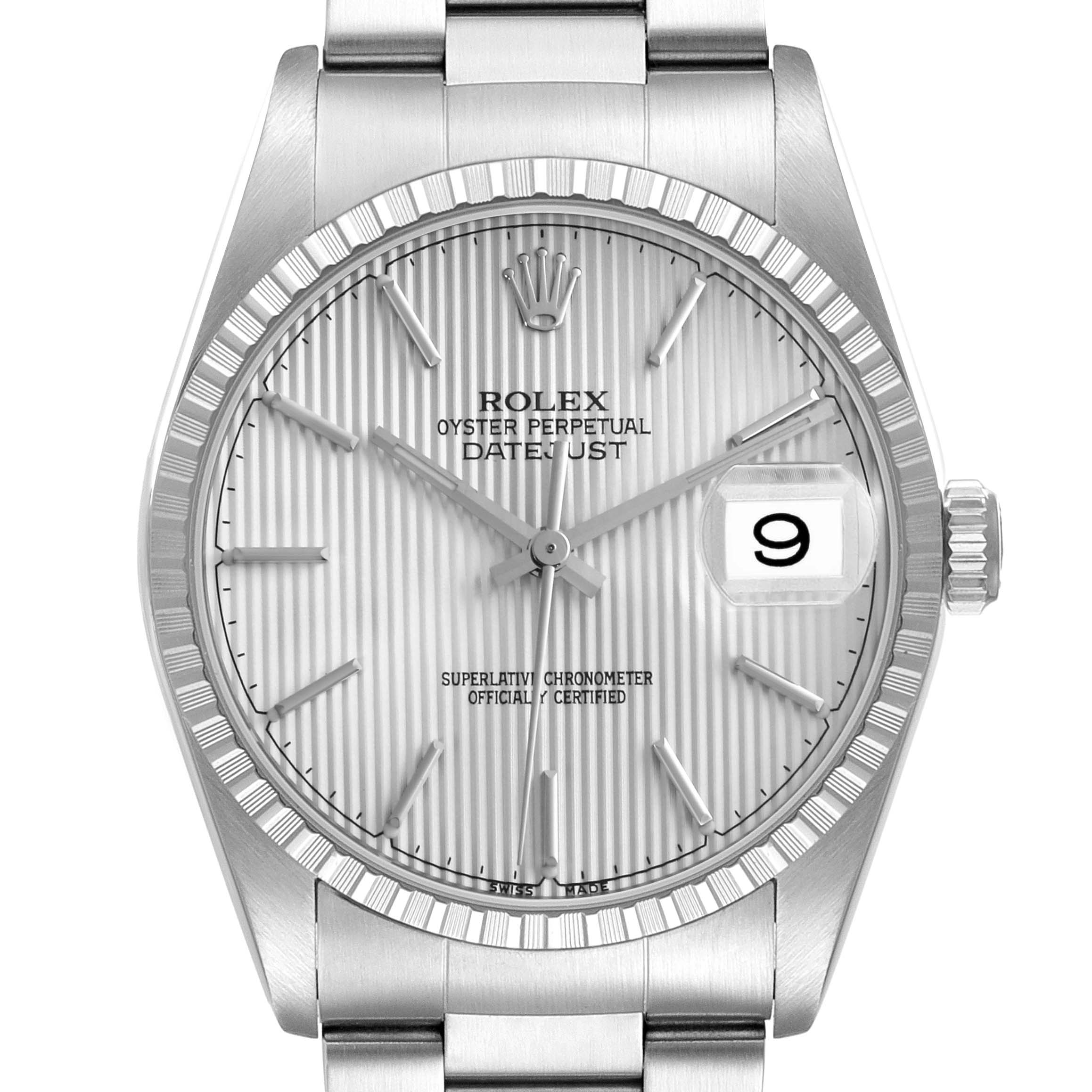 The Rolex Datejust 16220 Men's Stainless Steel Silver Dial 16220 Men's Stainless Steel Silver Dial watch is shown from the front, featuring the dial, bezel, bracelet, and crown.