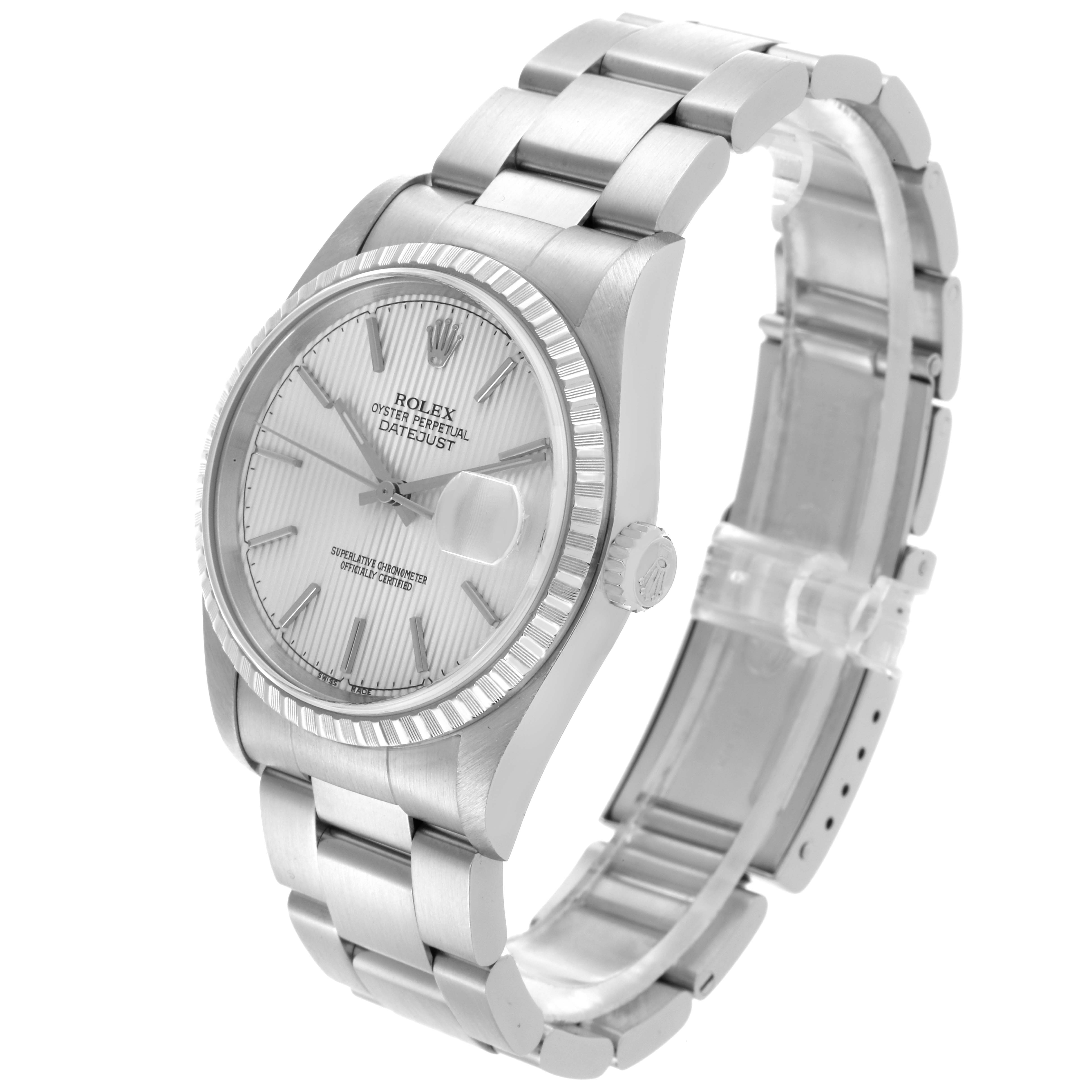 The image shows a Rolex Datejust 16220 Men's Stainless Steel Silver Dial 16220 Men's Stainless Steel Silver Dial watch from a three-quarter angle, displaying the dial, bezel, and bracelet.