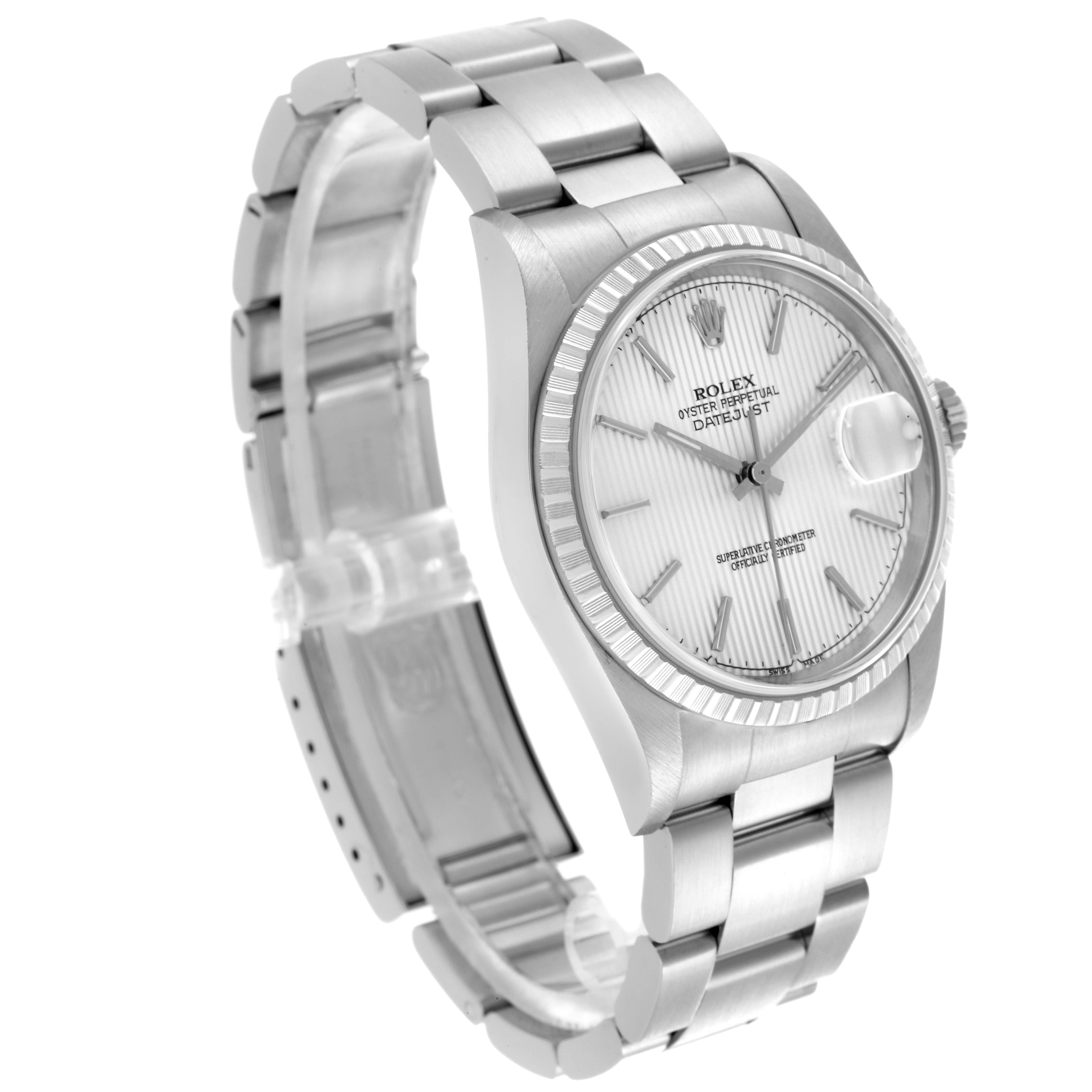 The Rolex Datejust 16220 Men's Stainless Steel Silver Dial 16220 Men's Stainless Steel Silver Dial watch is shown at a three-quarter angle, highlighting the dial, bezel, and bracelet.