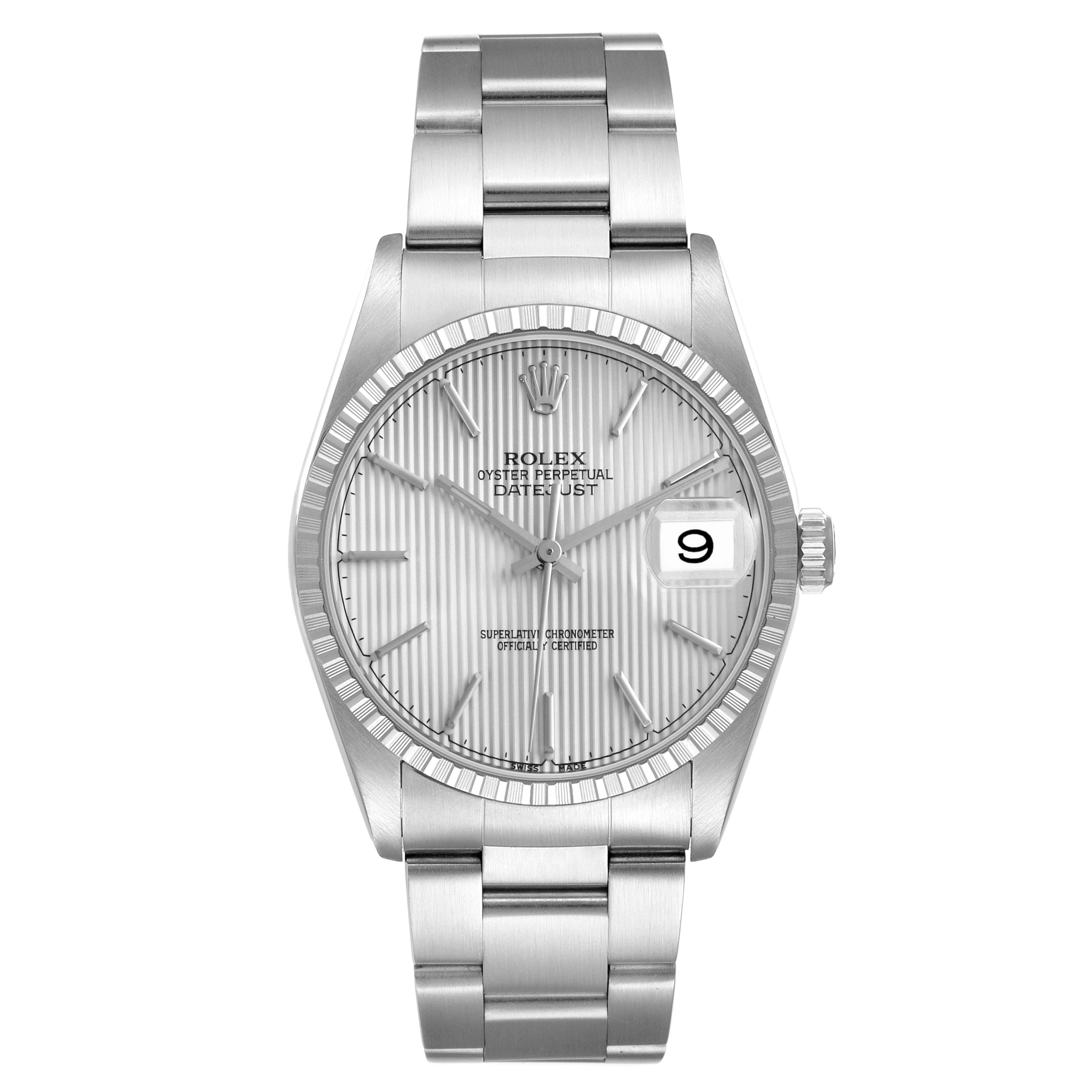 This Rolex Datejust 16220 Men's Stainless Steel Silver Dial 16220 Men's Stainless Steel Silver Dial watch is shown from the front, displaying the dial, bezel, and bracelet clearly.