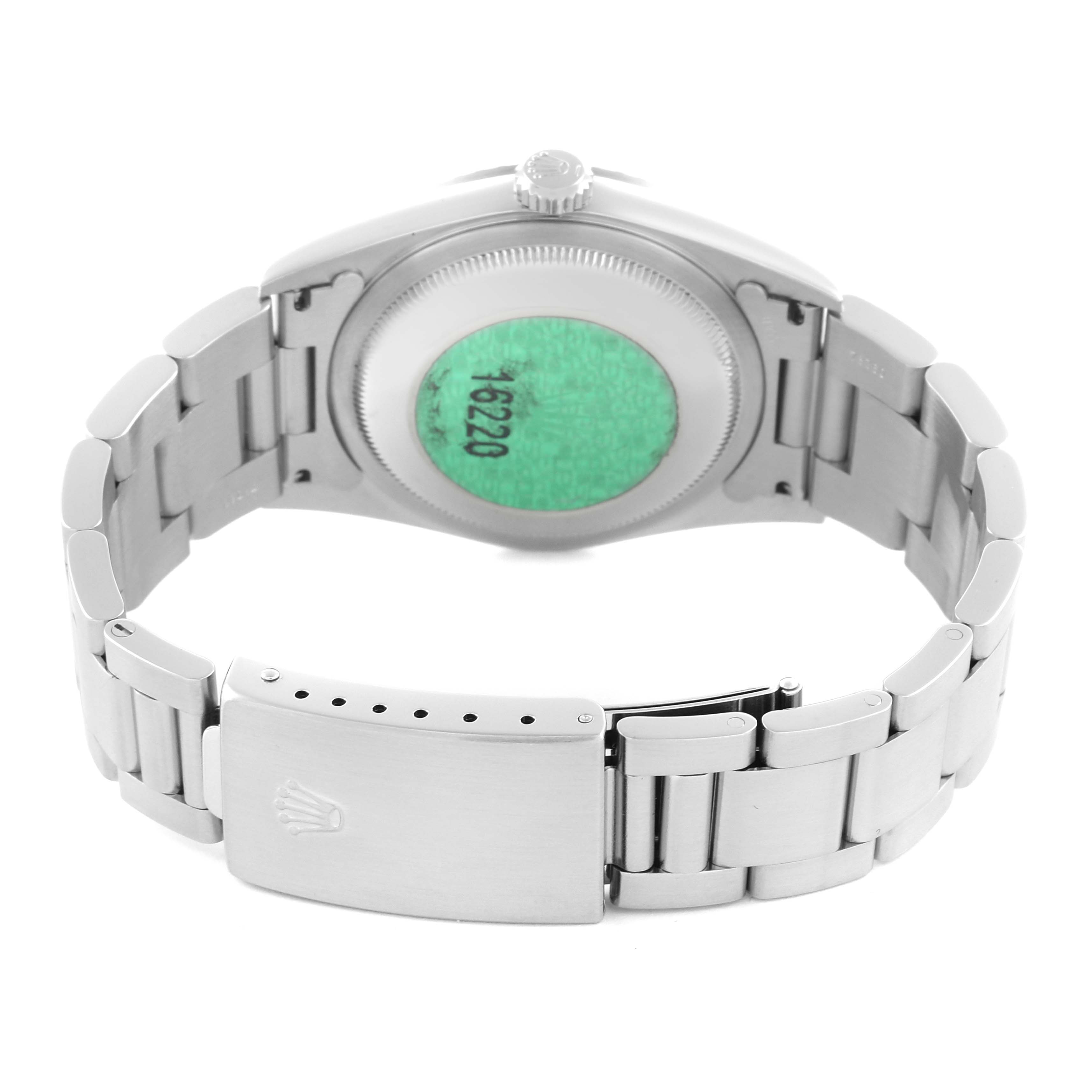 The image shows the back view of a Rolex Datejust 16220 Men's Stainless Steel Silver Dial 16220 Men's Stainless Steel Silver Dial, highlighting the case back and bracelet clasp.