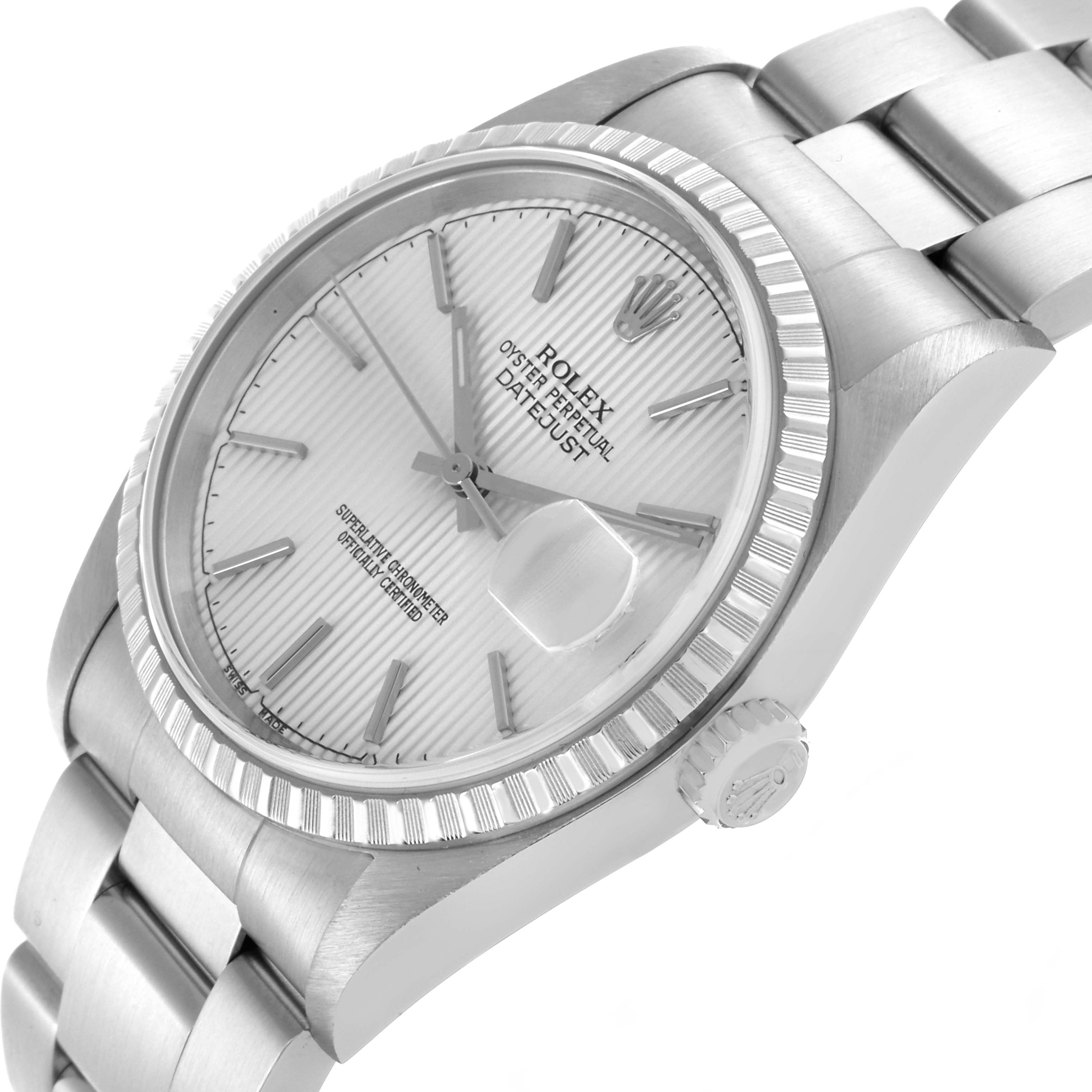 The Rolex Datejust 16220 Men's Stainless Steel Silver Dial 16220 Men's Stainless Steel Silver Dial watch is shown at a three-quarter angle, displaying the dial, bezel, crown, and part of the bracelet.
