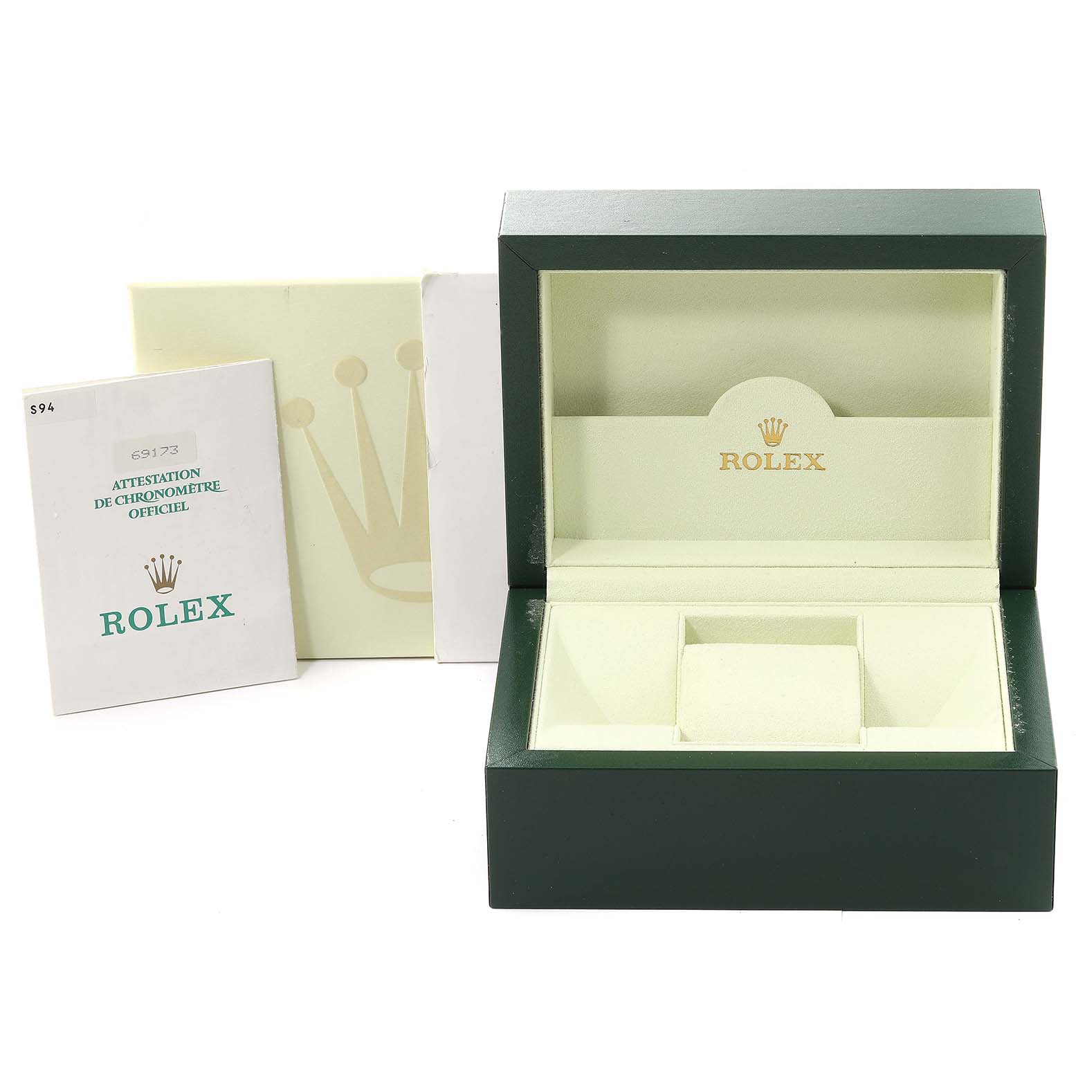 The image displays a Rolex Datejust 69173 Women's Steel and Gold (two tone) Silver Dial 69173 Women's Steel and Gold (two tone) Silver Dial watch box and booklets, with the box open to show the interior compartments.