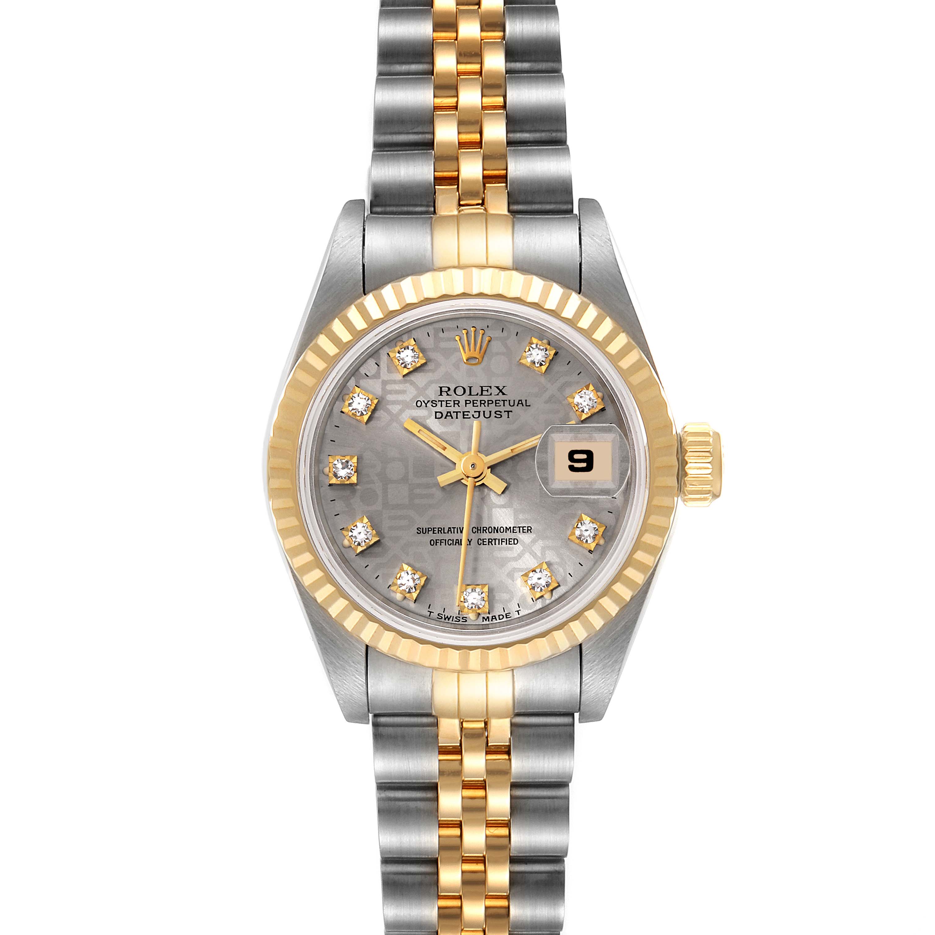 This image shows a Rolex Datejust 69173 Women's Steel and Gold (two tone) Silver Dial 69173 Women's Steel and Gold (two tone) Silver Dial watch from a top-down angle, showcasing the dial, bezel, crown, and bracelet.