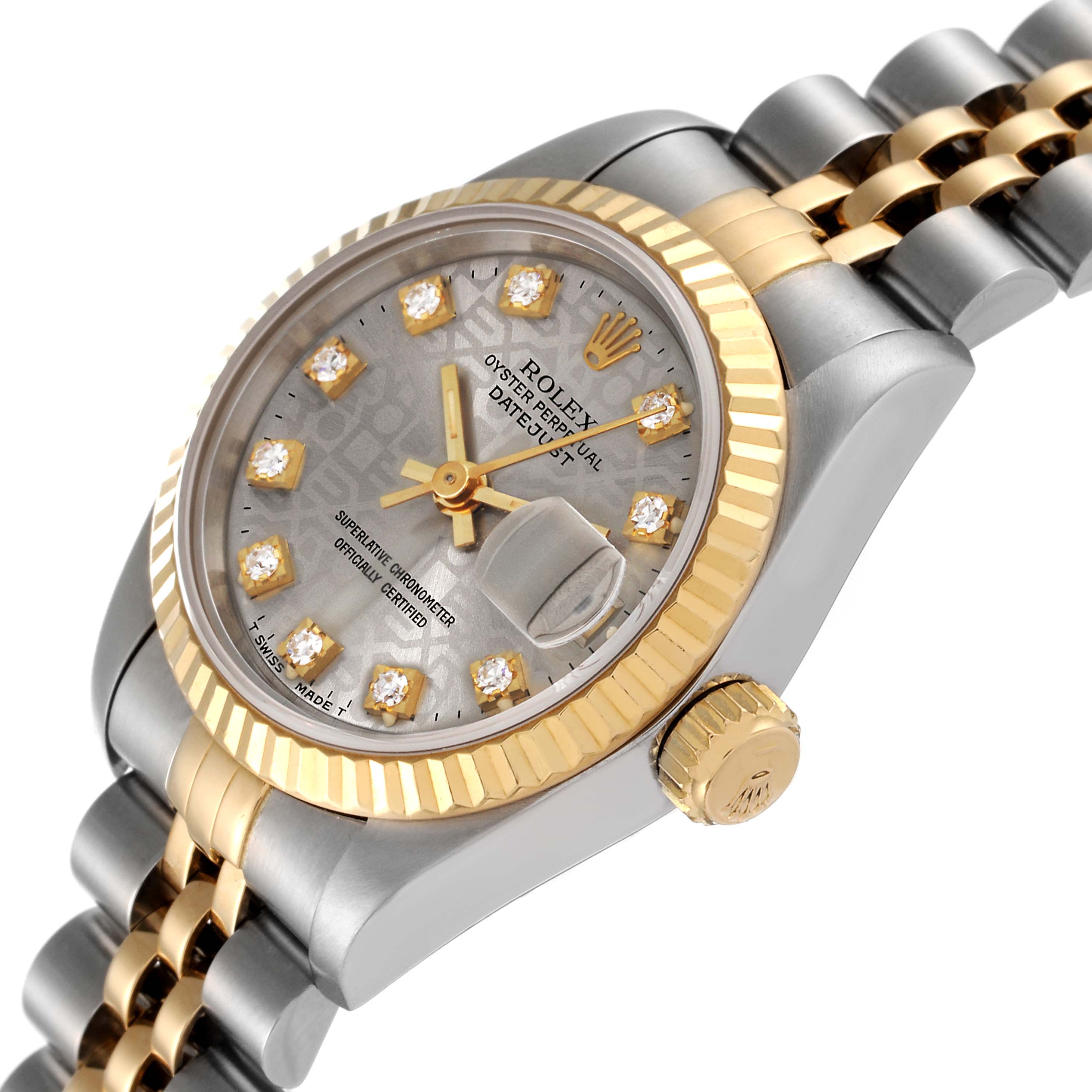 The image shows a Rolex Datejust 69173 Women's Steel and Gold (two tone) Silver Dial 69173 Women's Steel and Gold (two tone) Silver Dial watch at a slight angle, displaying the bezel, dial, crown, and part of the bracelet.