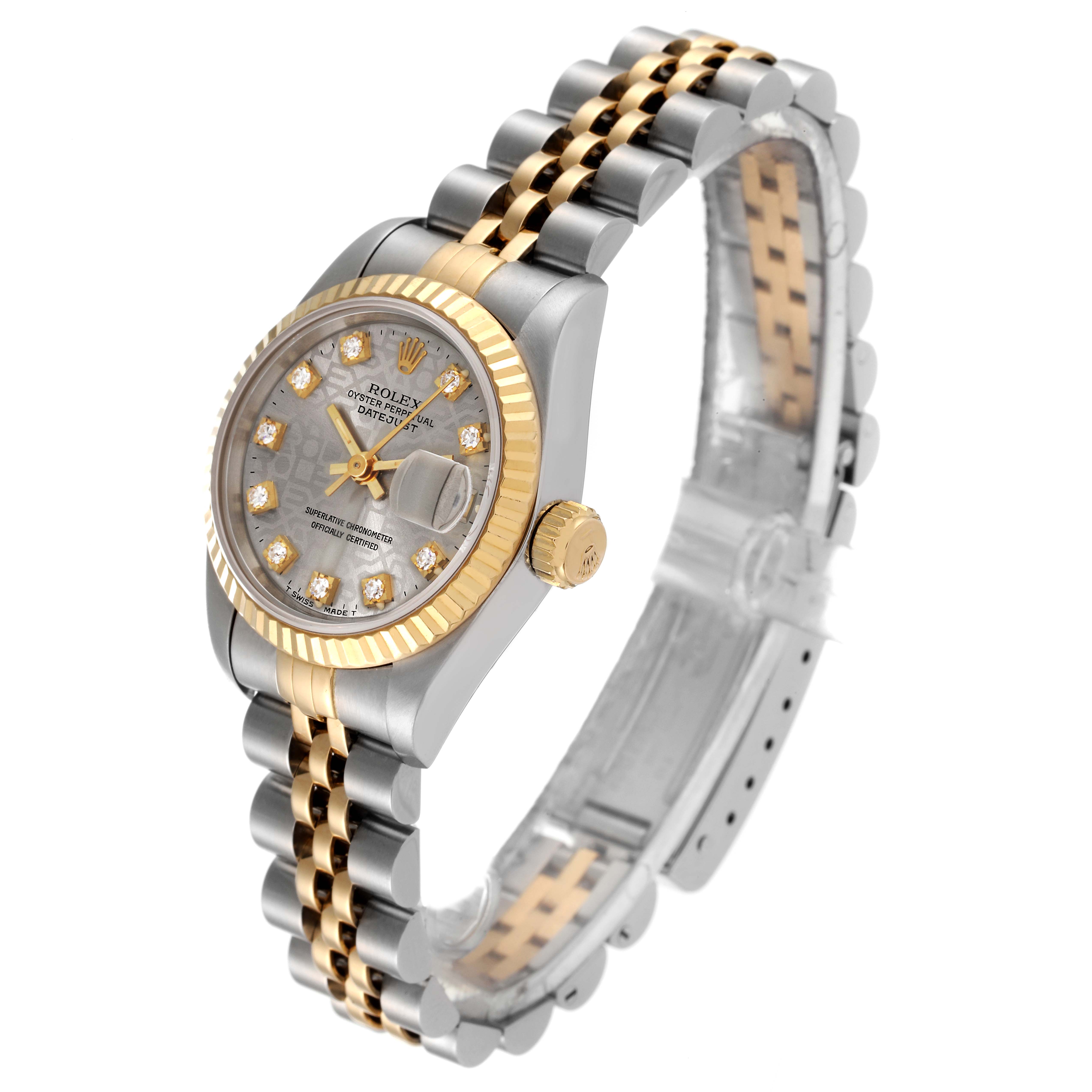The Rolex Datejust 69173 Women's Steel and Gold (two tone) Silver Dial 69173 Women's Steel and Gold (two tone) Silver Dial watch is shown at an angle emphasizing the face, bezel, crown, and two-tone bracelet.