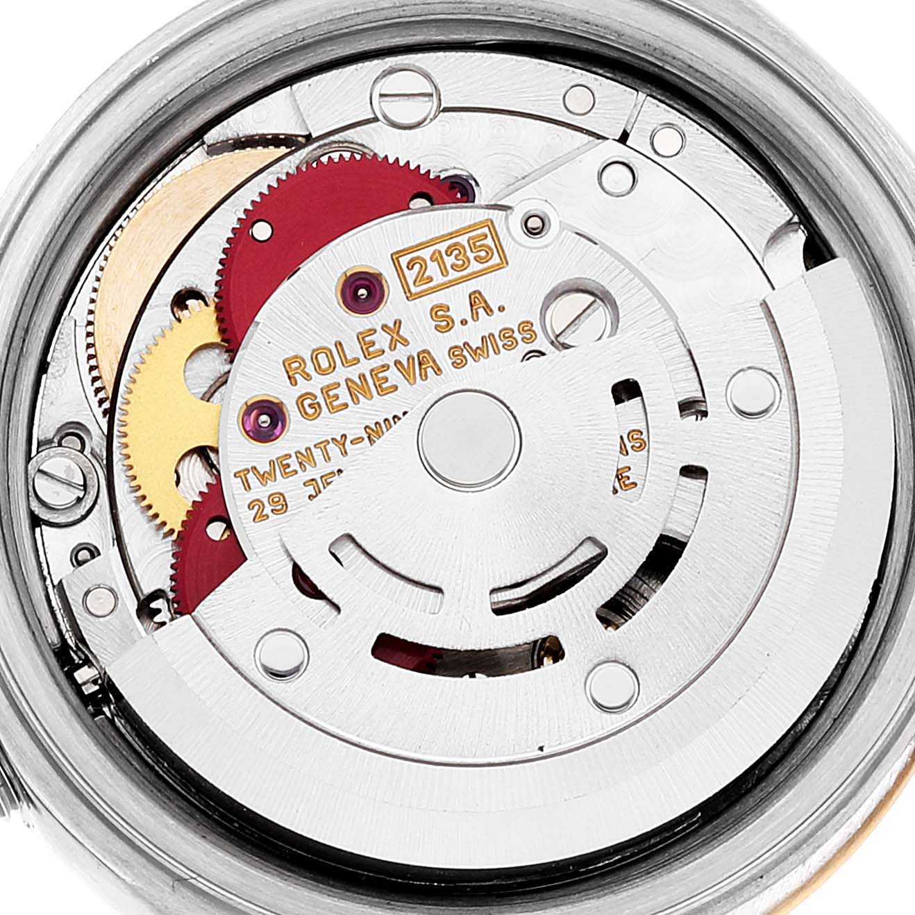 This image shows the movement mechanism of a Rolex Datejust 69173 Women's Steel and Gold (two tone) Silver Dial 69173 Women's Steel and Gold (two tone) Silver Dial watch, viewed from the back.