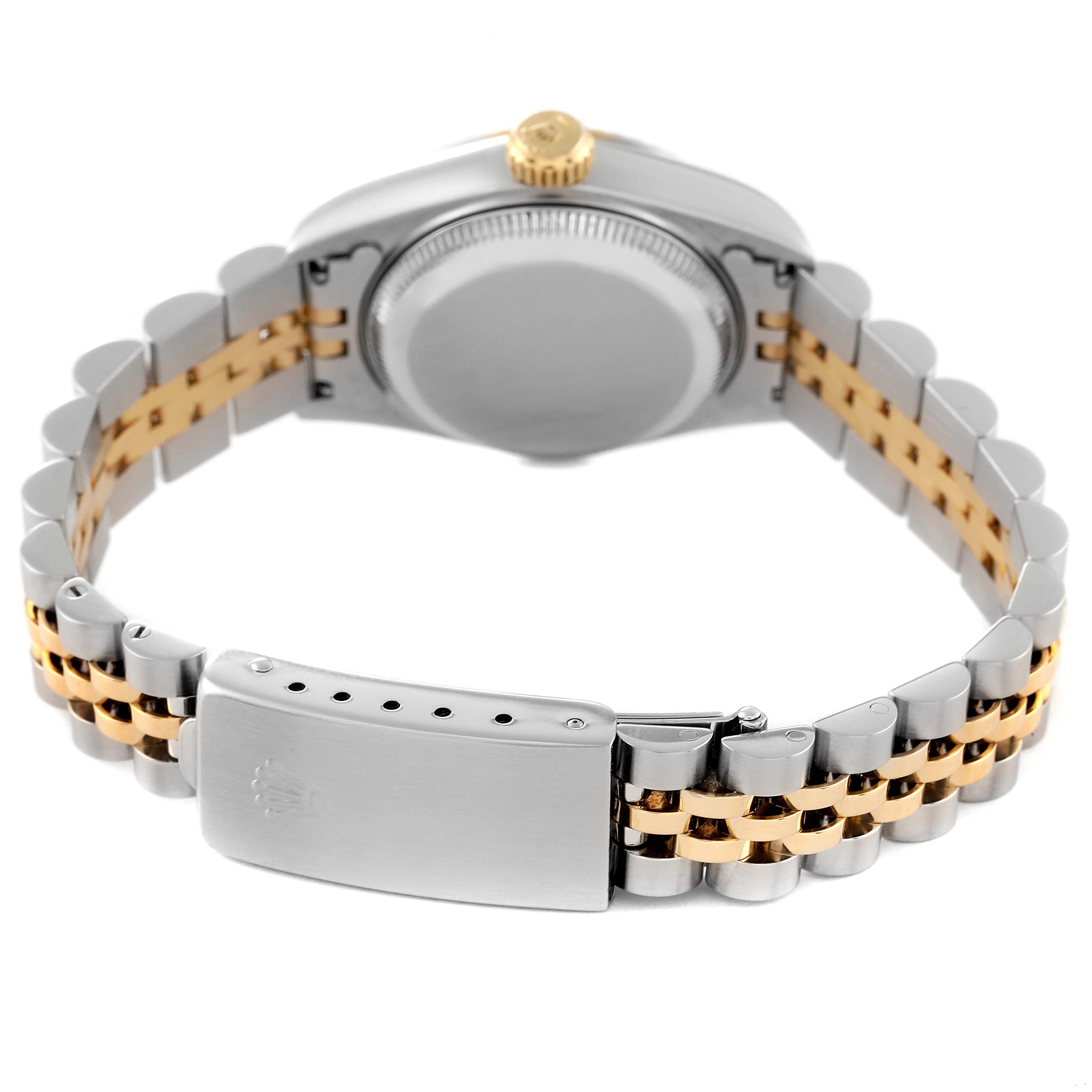 The image shows the back side and clasp of a Rolex Datejust 69173 Women's Steel and Gold (two tone) Silver Dial 69173 Women's Steel and Gold (two tone) Silver Dial watch, featuring a two-tone metal bracelet.